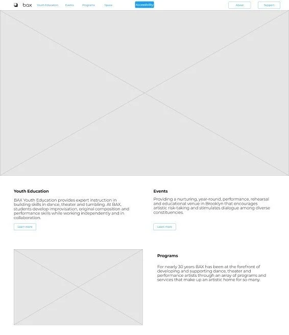 Initial wireframe of the layout for the BAX home page.