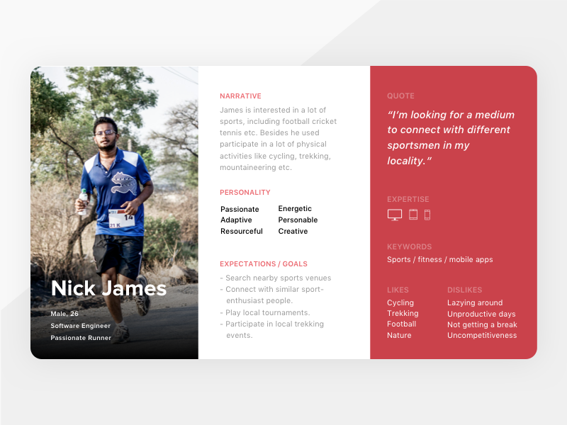 Graphic of Nick James, of the Kristal persona, and his user story.