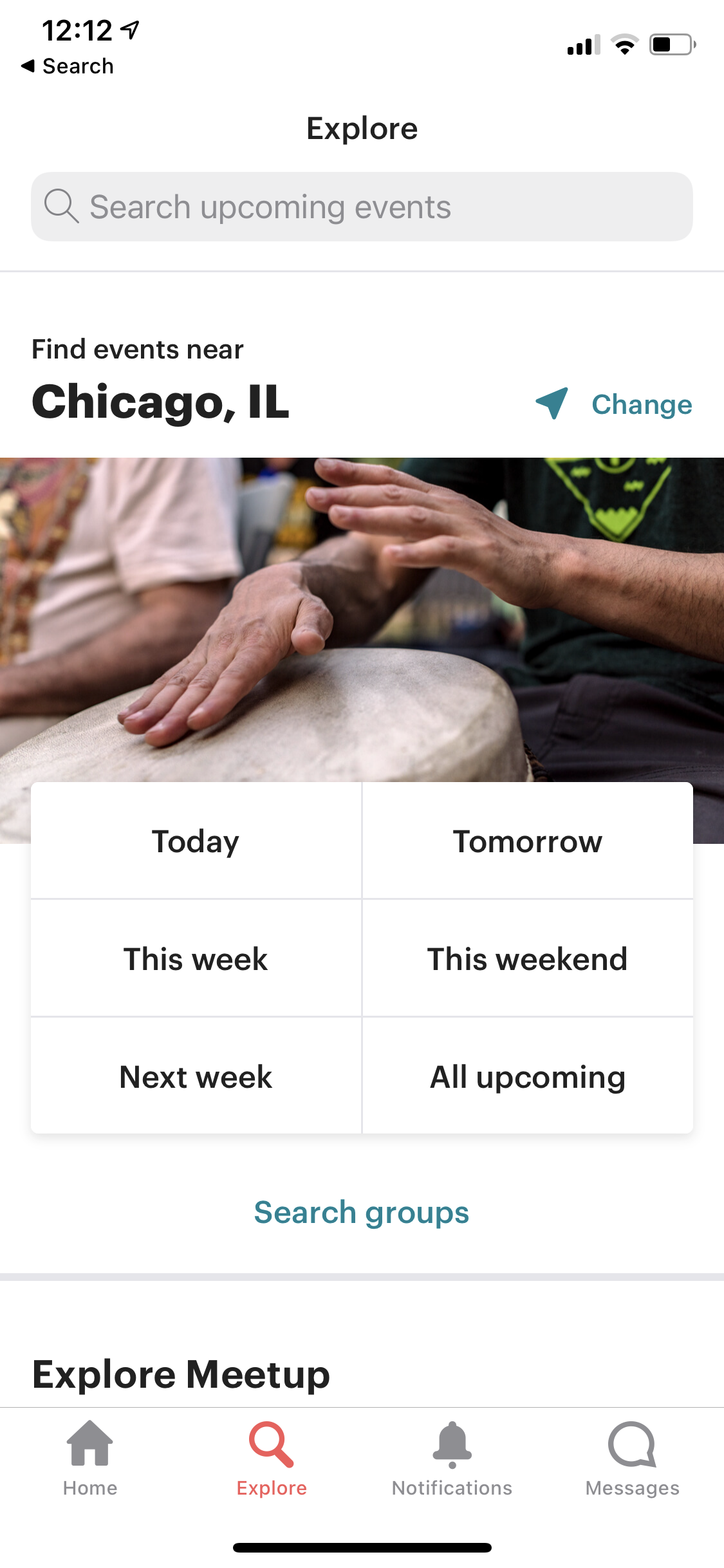 Screenshot of the MeetUp app landing.