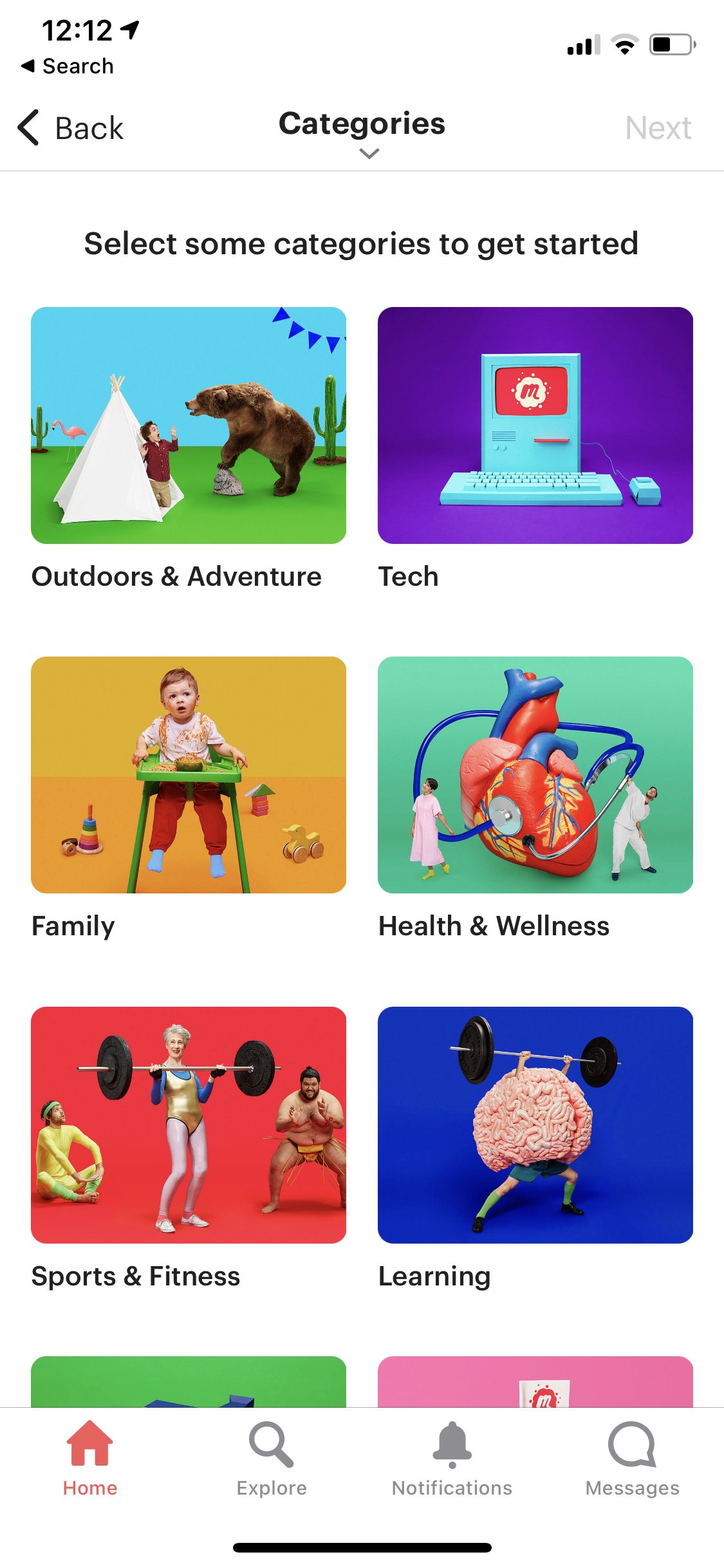 Screenshot of the MeetUp app categories page.