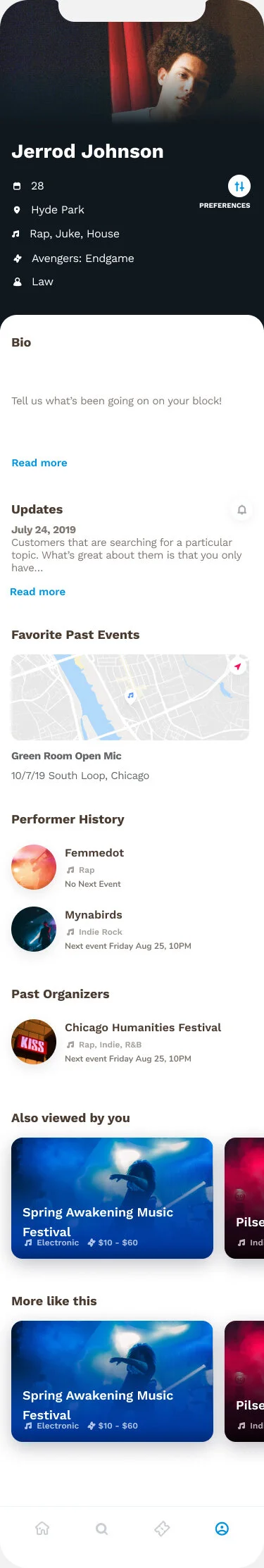 Profile page information after having logged some preferences.
