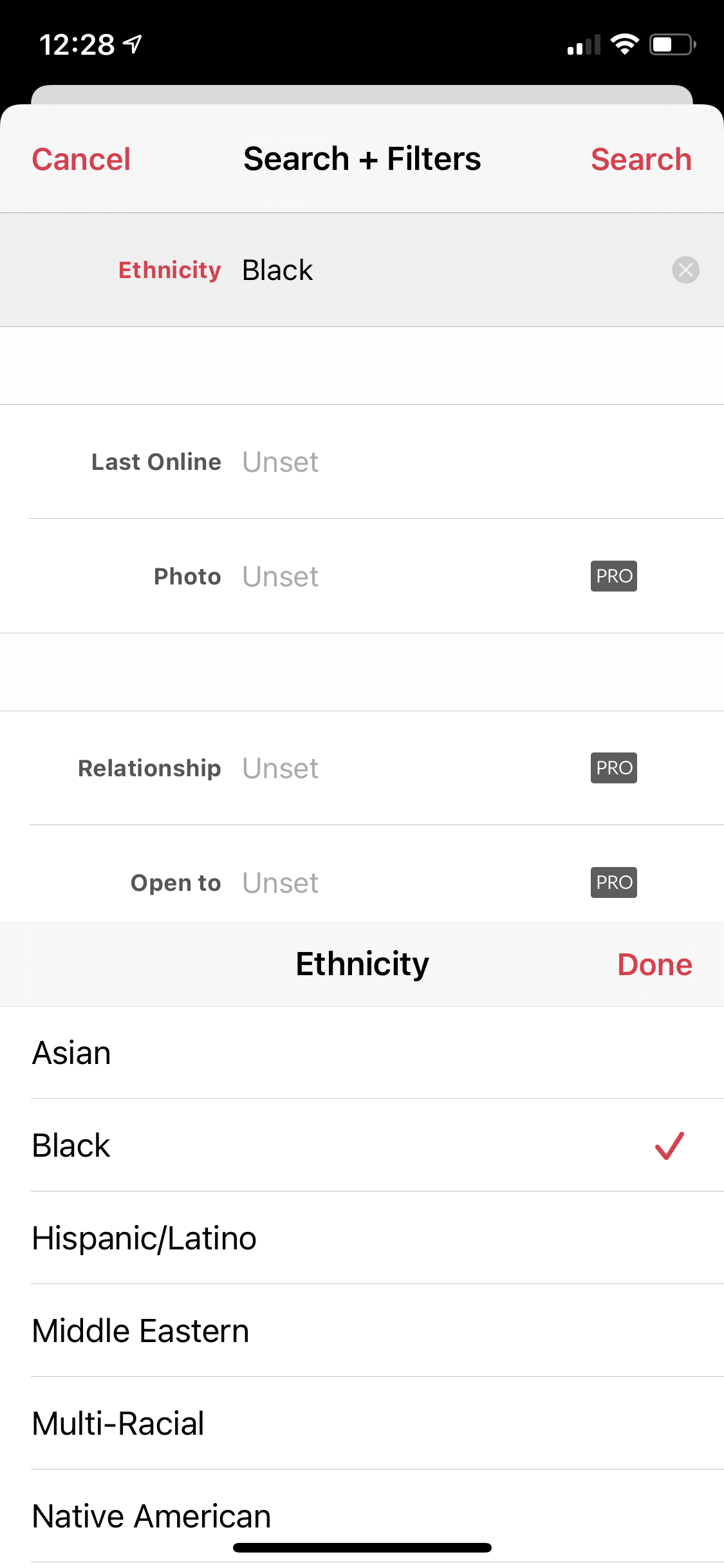Screenshot of the Jack’d filters screen.