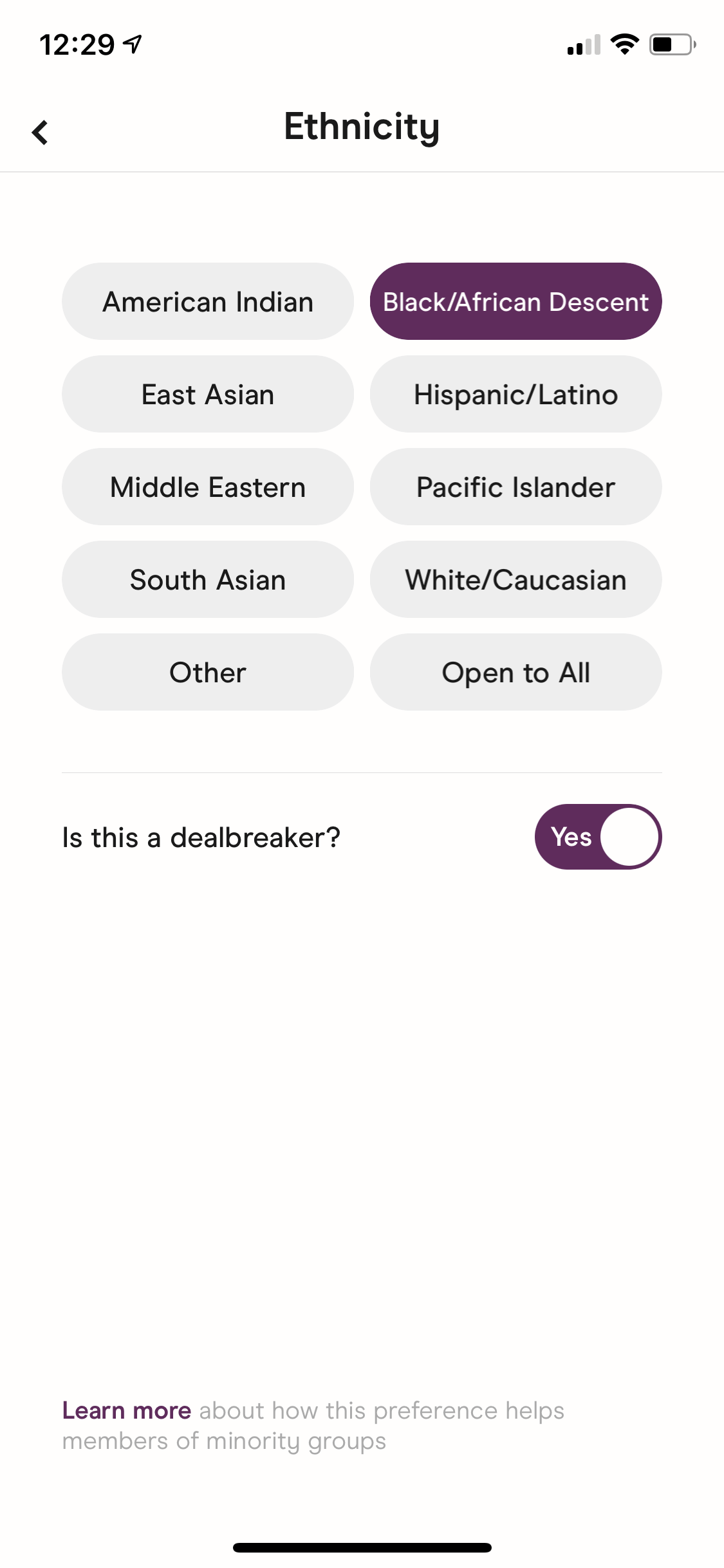 Screenshot of the Hinge ethnicity filters screen.