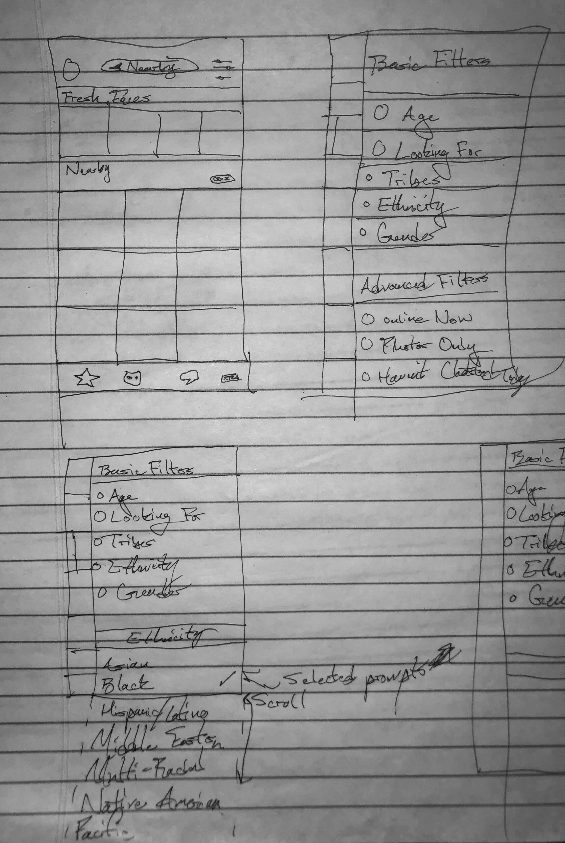 My sketch of the main feed and updated filters pages.