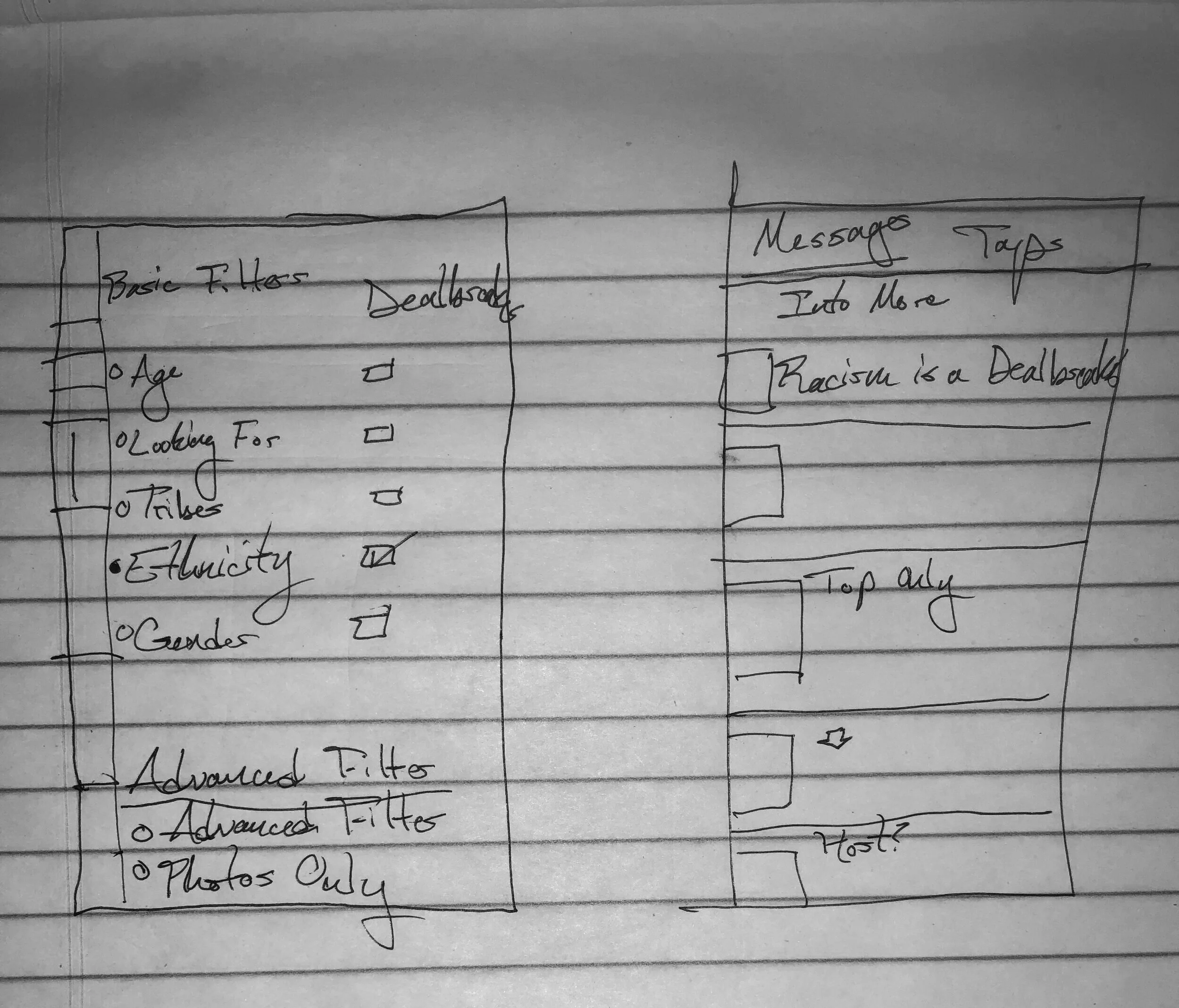 Iterations of potential interface options for the selection icons on the filters page, left. Example of machine learning being used to target users who display extremely selective behavior based on ethnicity, right.
