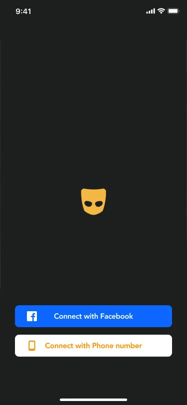 Grindr’s login page on my prototype.