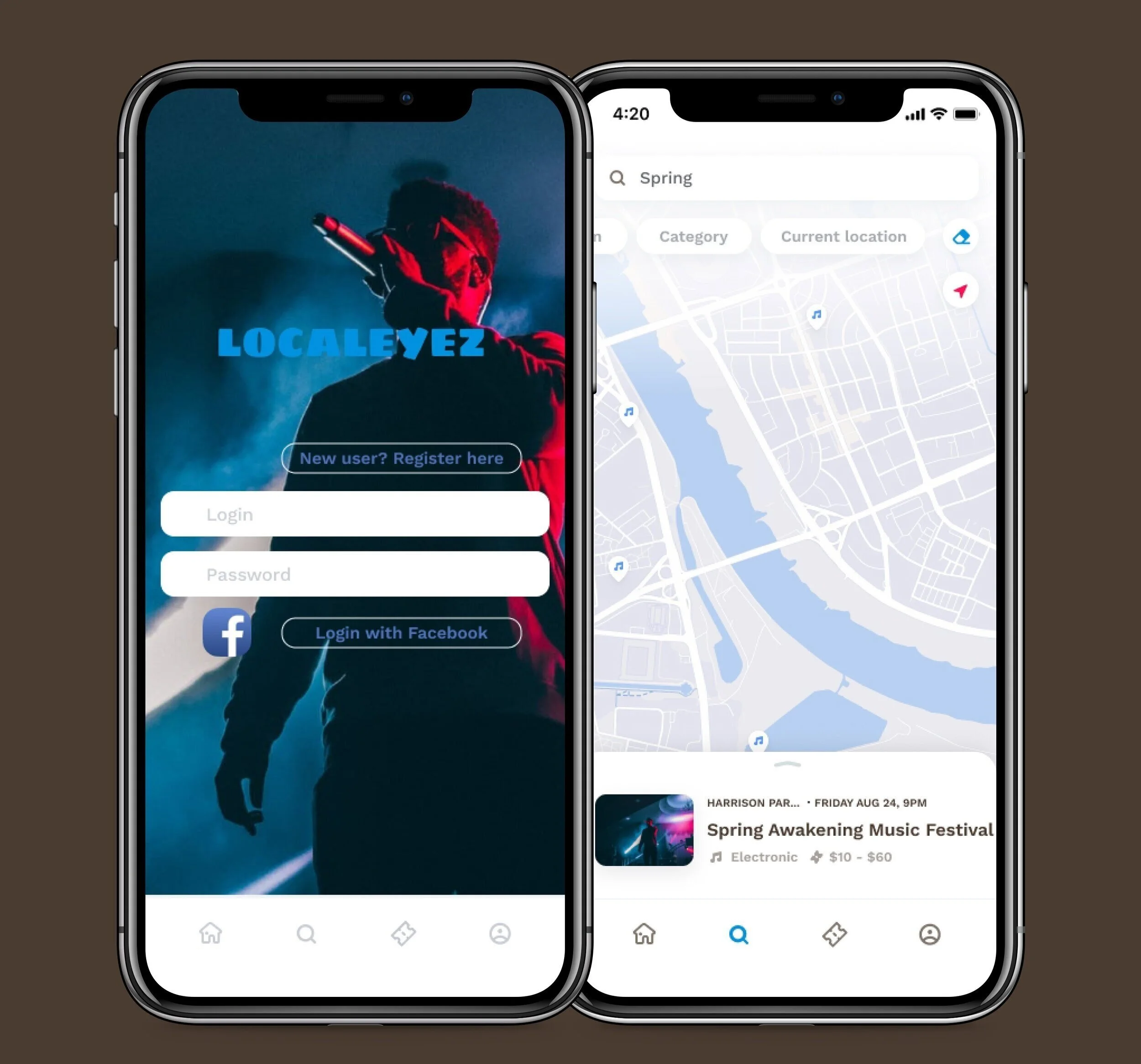 The Login and Search pages for the final prototype of LocalEyez.