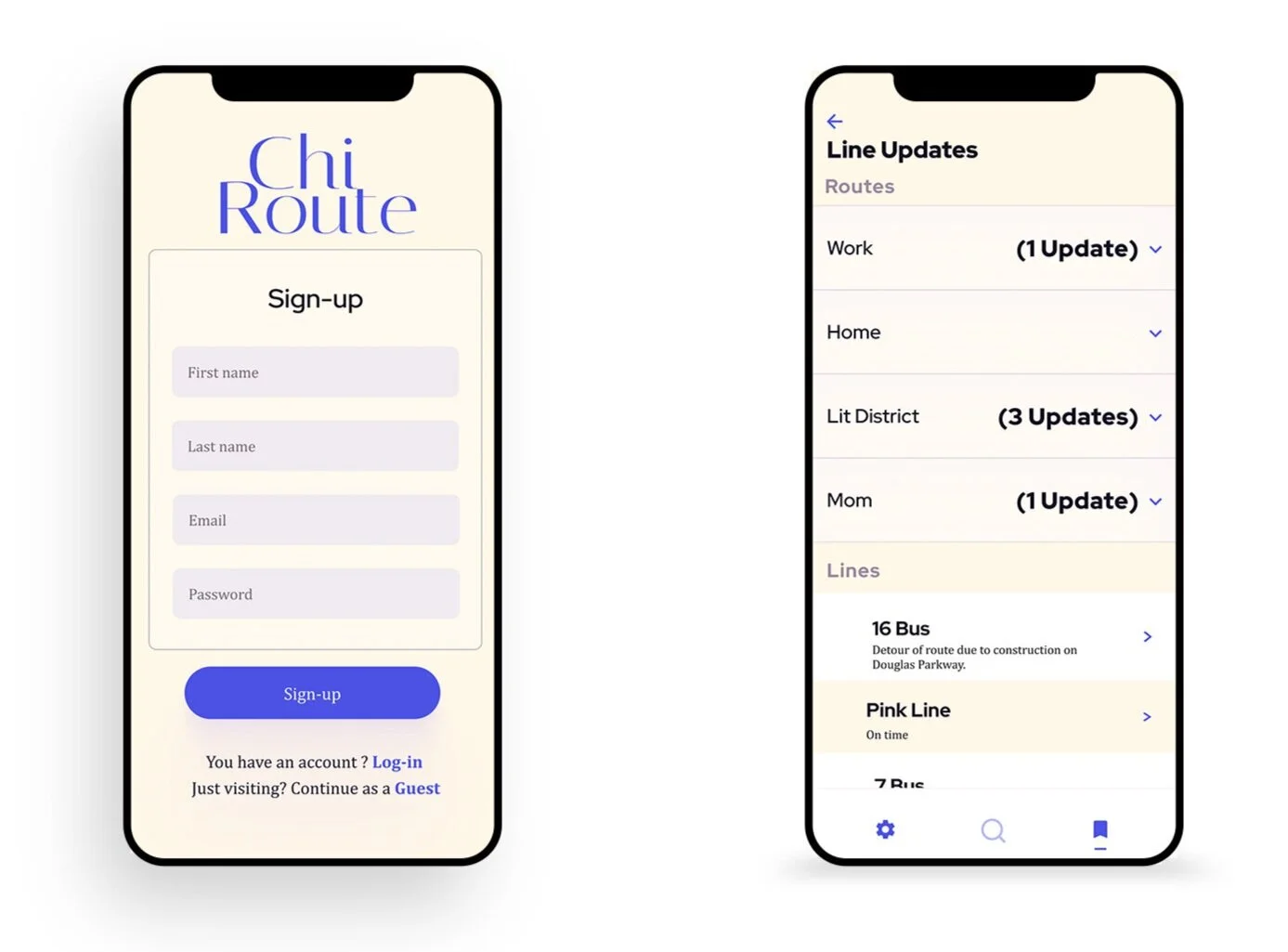 Photo of two iPhones with Chi-Route the landing and saved screens up.