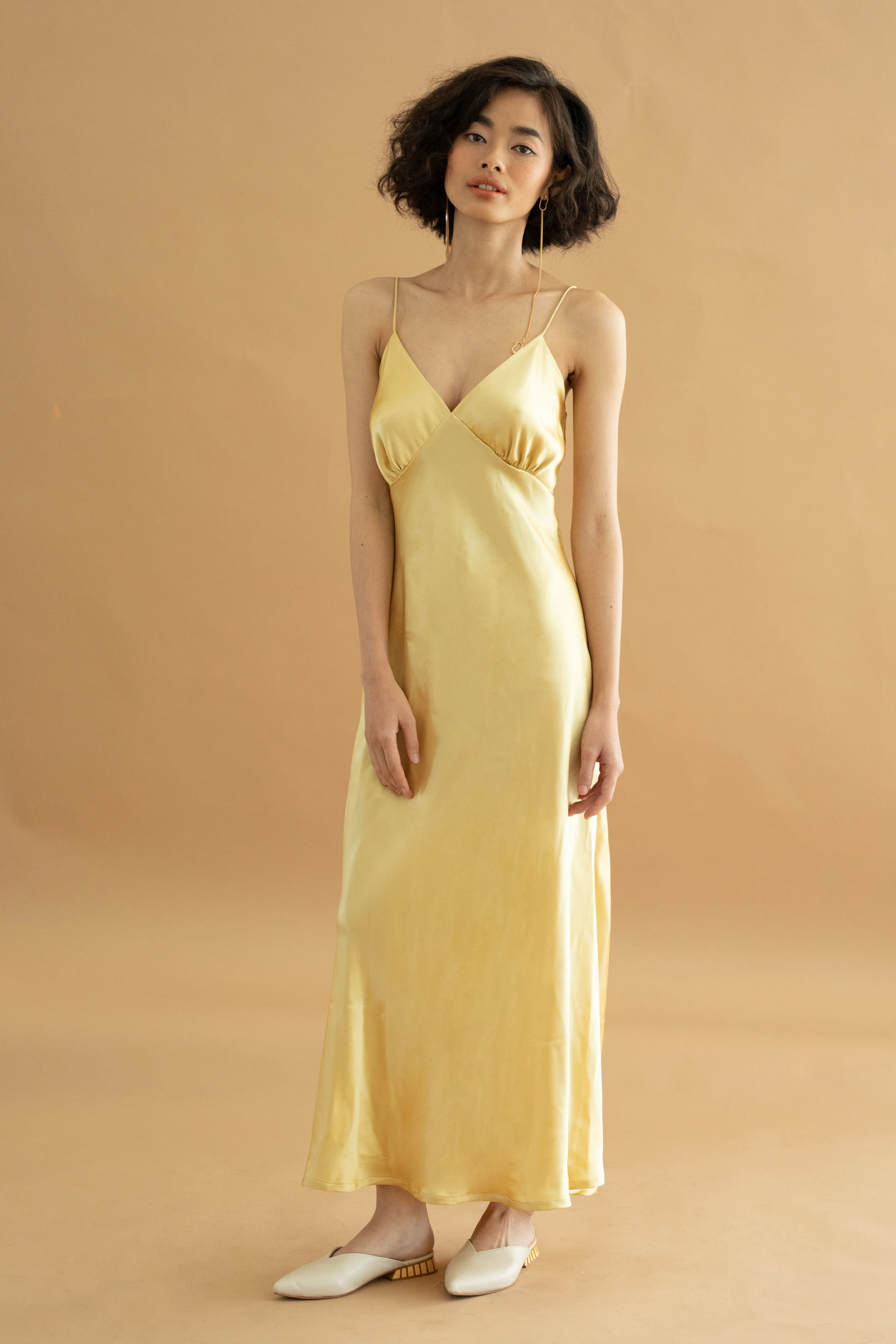 yellow silk midi dress