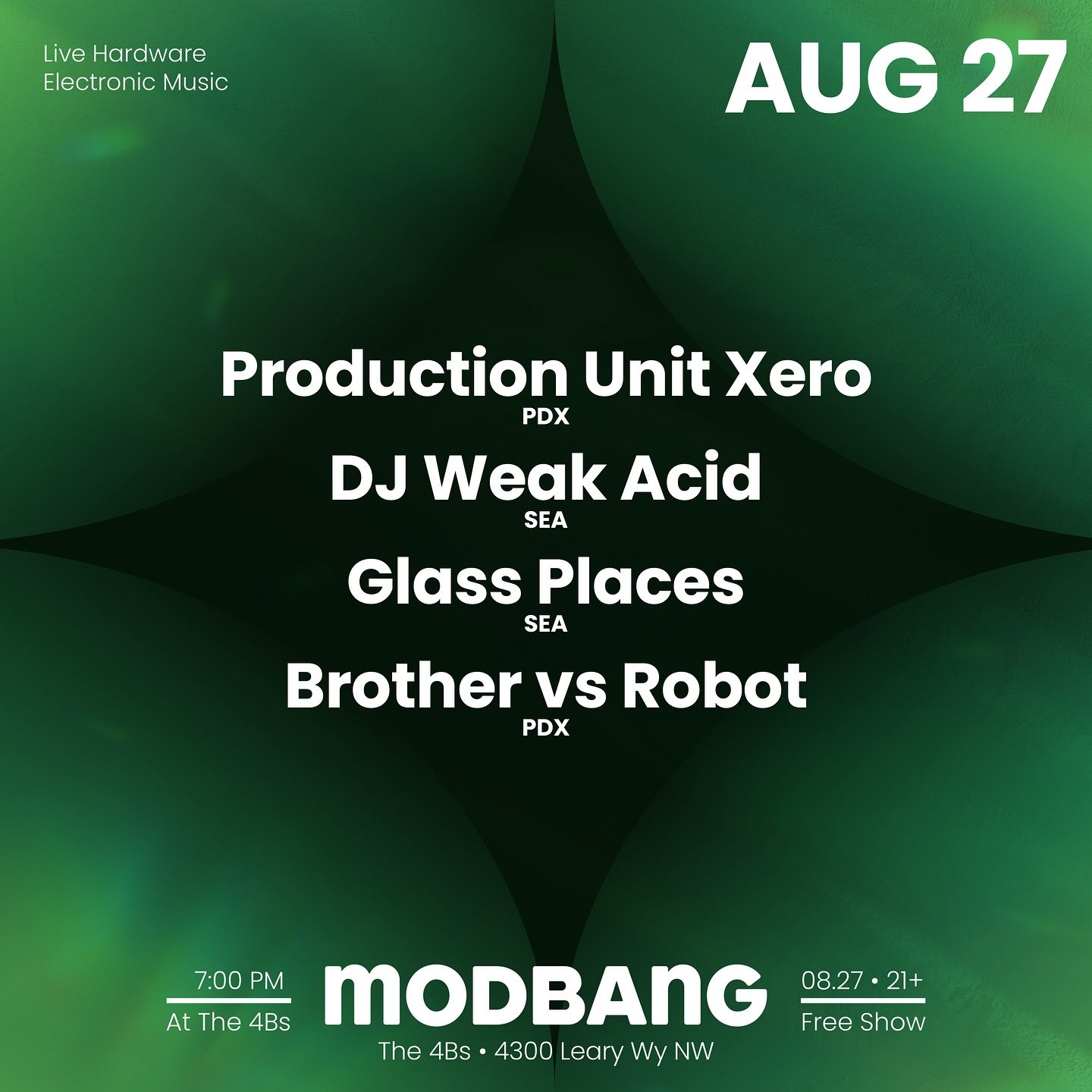 Modbang Seattle: Live Hardware Electronic Music featuring @nickbigeloww @brothervsrobot @puxflux @glass_places at the @4bs_seattle be there or be not there! One is cool and one is not. You figure it out! 
.
.
.
#synth #synthesizer #techno #dawless #l