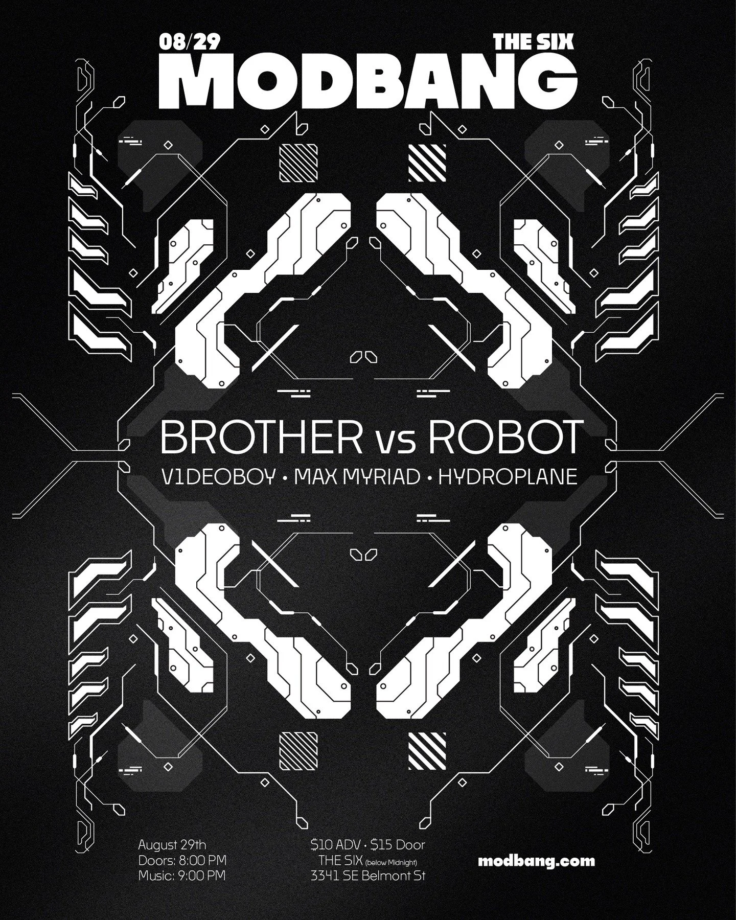 MODBANG PDX &mdash; AUGUST 29
@ THE SIX (below Midnight)
Doors: 8PM | Music: 9PM | 21+

Ticket link in bio! 

This month, Modbang PDX pushes deeper into hybrid hardware territory&mdash;where circuits meet flesh and rhythm hits in real time.

Headlini