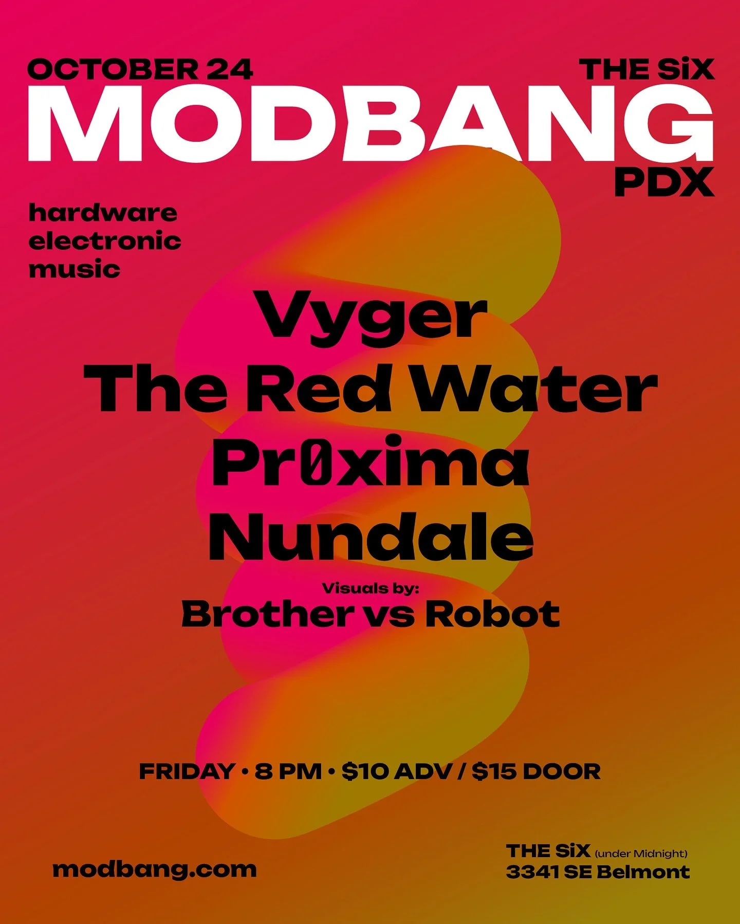 MODBANG PDX &mdash; OCTOBER 24
 @ The Six (under Midnight)
 8:00 PM | $10 ADV / $15 DOOR | 21+

TICKET link in BIO

As the nights grow longer and the air turns electric, Modbang returns to The Six with a lineup steeped in dark shadowy textures. Join 
