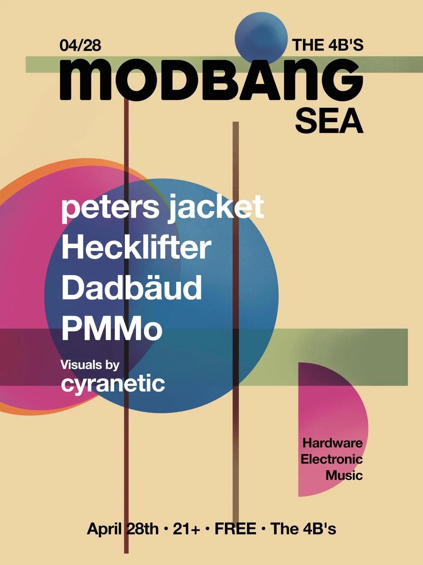 April is here to shower you with the gift of thunderous music, courtesy of this months Modbang Seattle lineup!

Artists this month:

PMMo @paulmatthewmoore 

Dadb&auml;ud @dj_dadbaud 

Hecklifter @hecklifter 

peters jacket @petersjacket 

Visuals: c