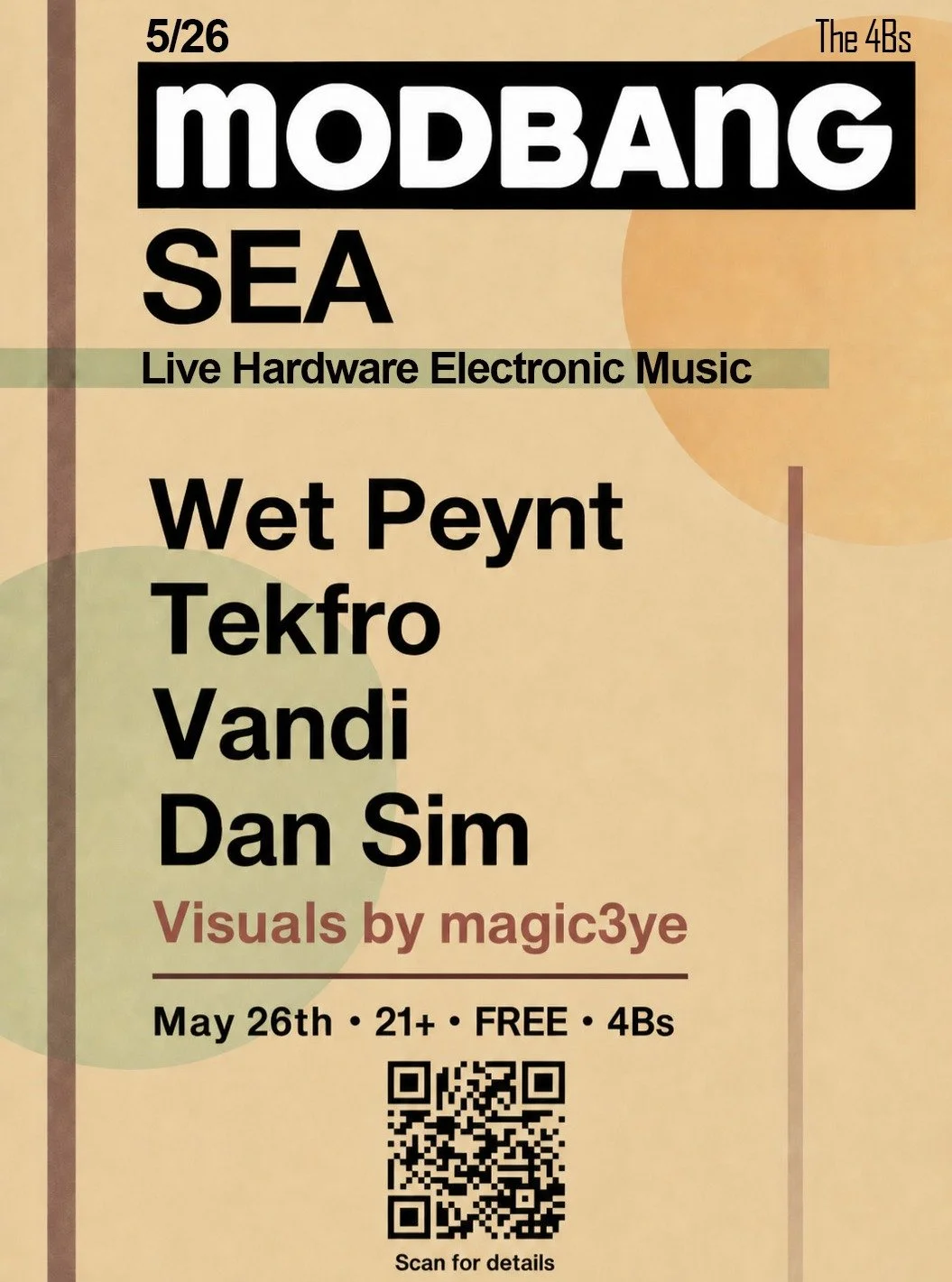 Live Hardware Electronic Music Featuring Wet Peynt, Tekfro, Vandi, Dan Sim, Visuals by magic3ye at the 4Bs in Ballard, WA.

 7:00 PM / 21+ / FREE
.
.
.
#synth #dawless #livehardware #eurorack #modularsynth #techno #house #drumandbass #diy #livemusic 