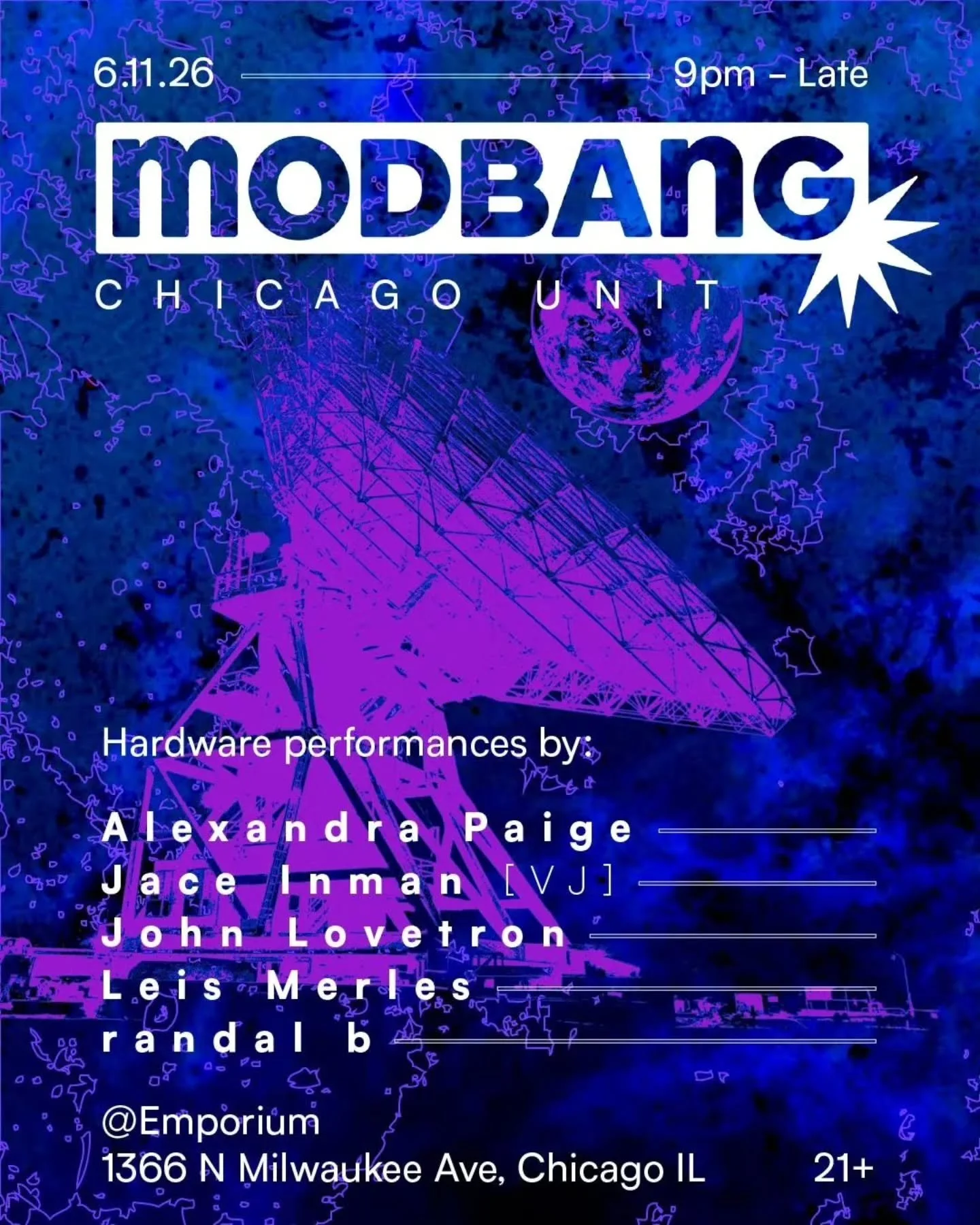 Modbang Chicago _ Live at @emporiumchicago Wicker Park on Thursday June 11&nbsp;

Modbang Chicago returns with an evening full of expansive sounds and immersive visuals. Experience sonic euphoria ⫷⟐⫸

�Artists this month:��

✴︎ Alexandra Paige @alexa