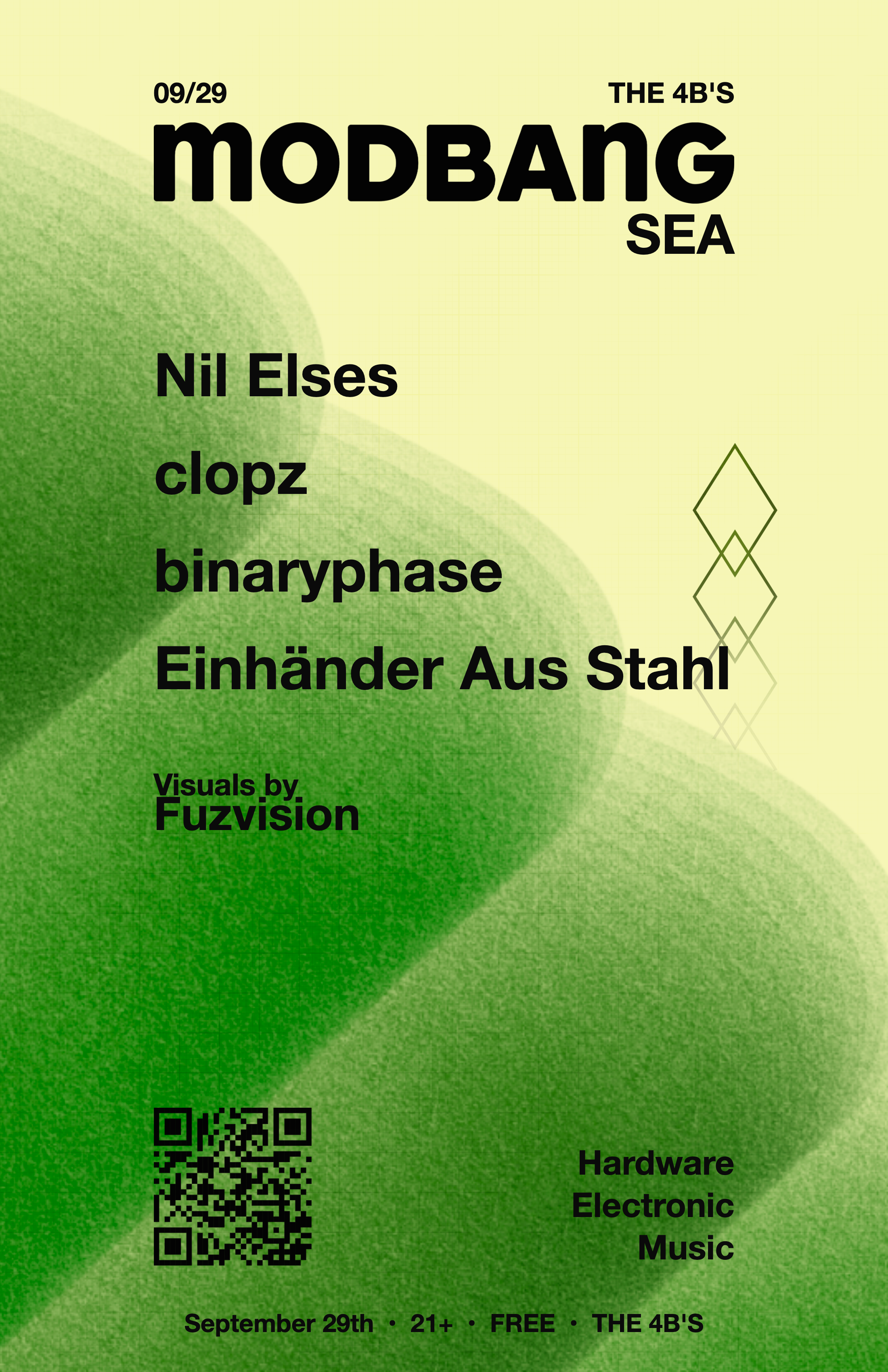 Modbang Seattle poster for September 29, 2026 at The 4B’s, featuring Nil Elses, clopz, binaryphase, Einhänder Aus Stahl, and visuals by Fuzvision. Free, 21+.