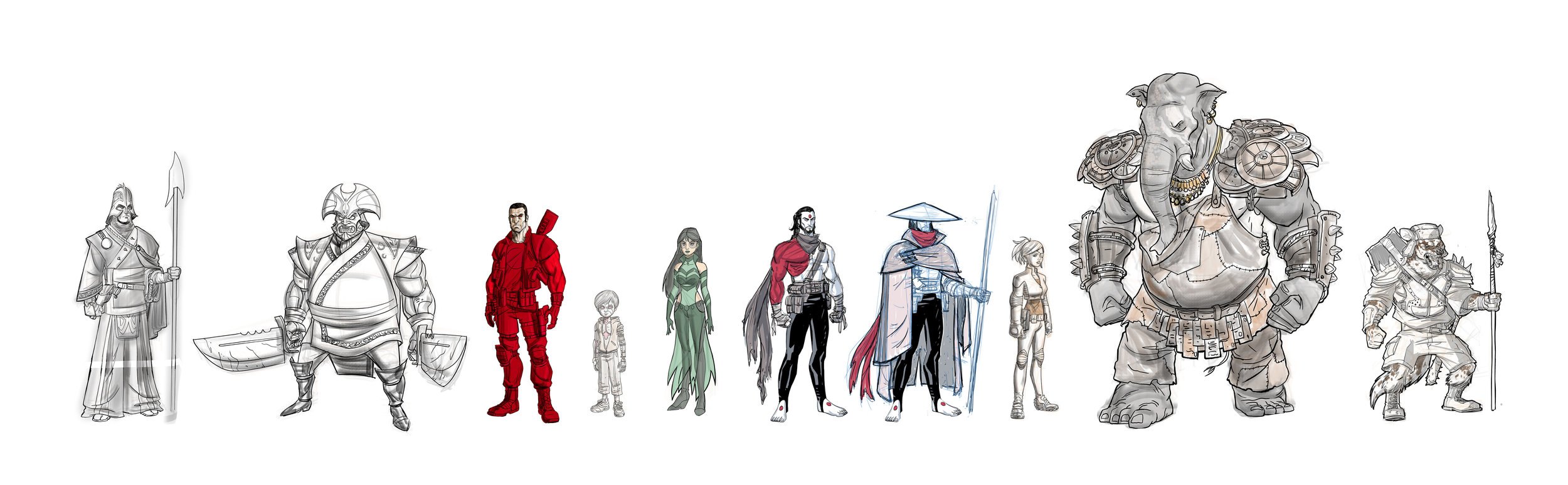 FALLEN WORLD Character Designs by AJ Jothikumar. From left to right: Acolyte of the Fallen, The Circadian, Bloodshot, Raijin, Karana, Rai, Rai, Lula, Ka'Orta, Kor'tanga Warrior