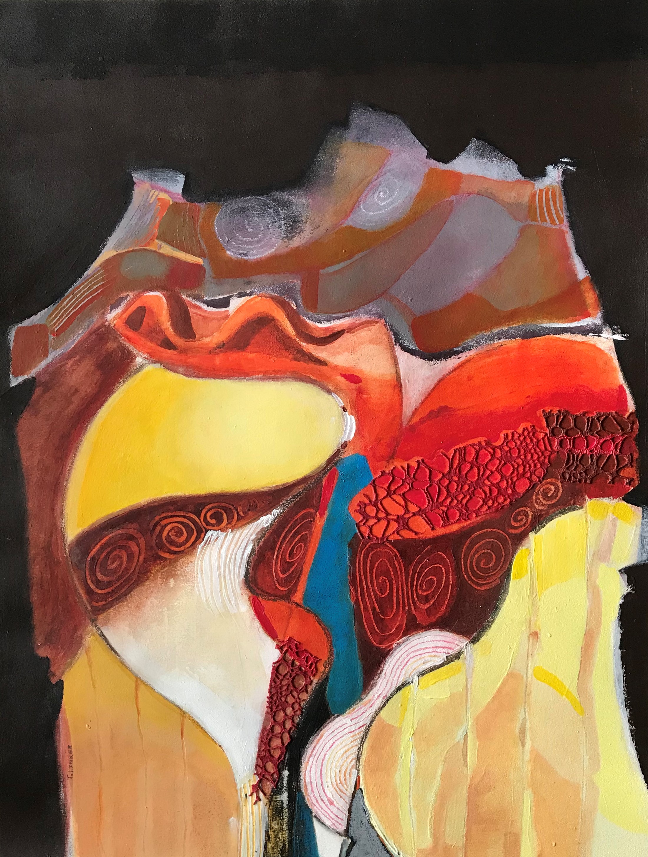  “Canyon With Blue Lake”  23” x 29”  Mixed media acrylic and fabric on paper framed 