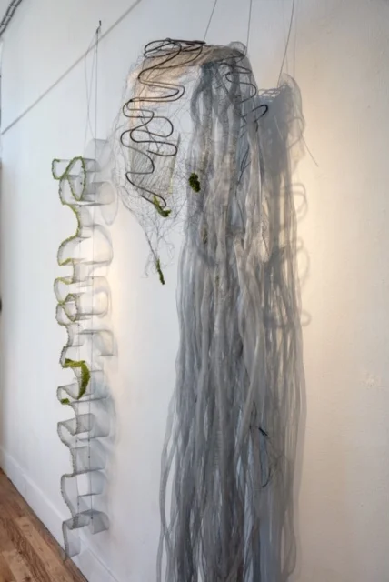 Scape 1 “The Path” hardware cloth, embroidery thread, aluminum cable Scape 2 “Ever Present” aluminum mesh, black wire, embroidery thread, cotton thread aluminum cable