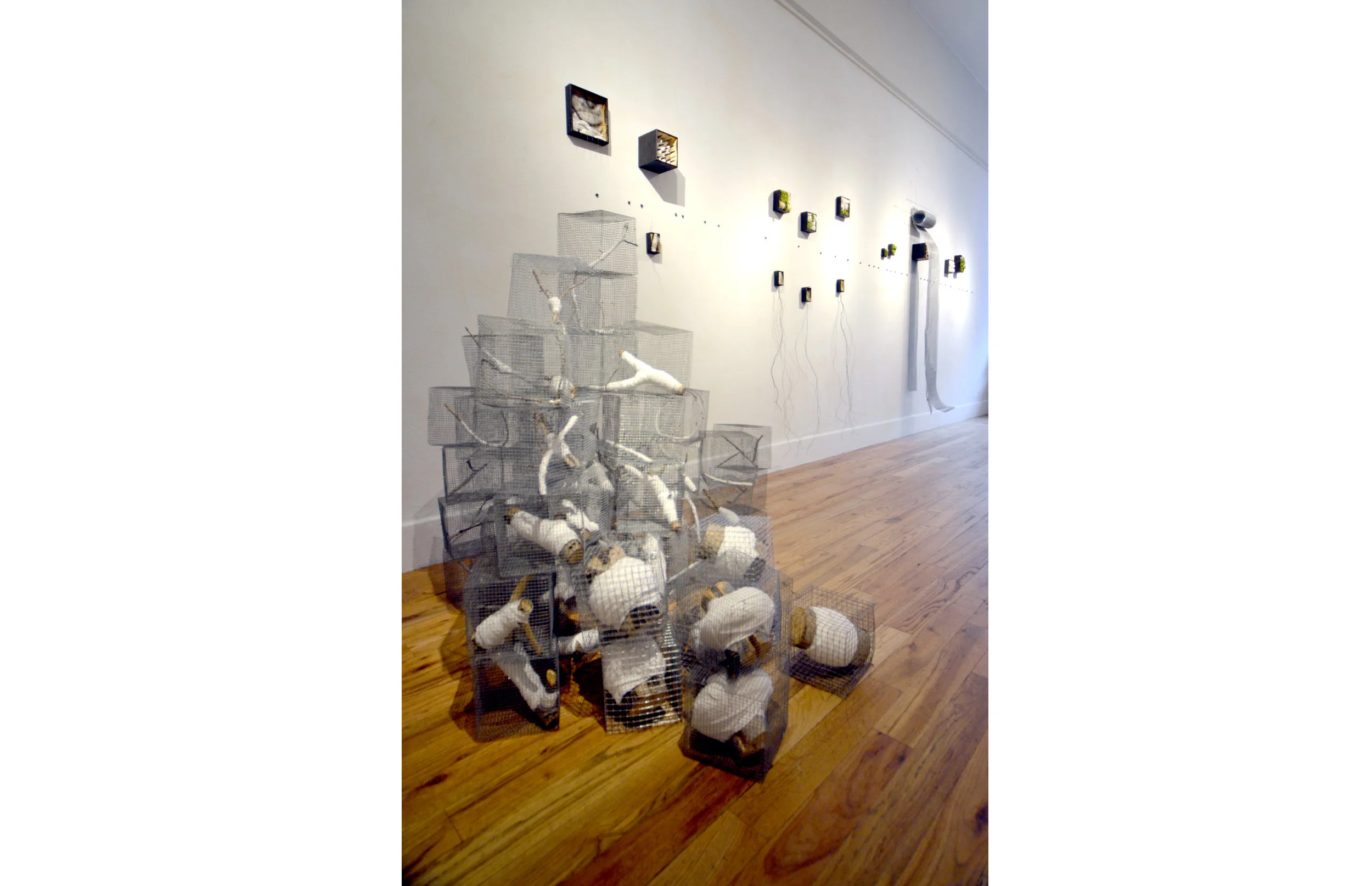 “Mute” aspen tree, hardware cloth, cotton, steel wire