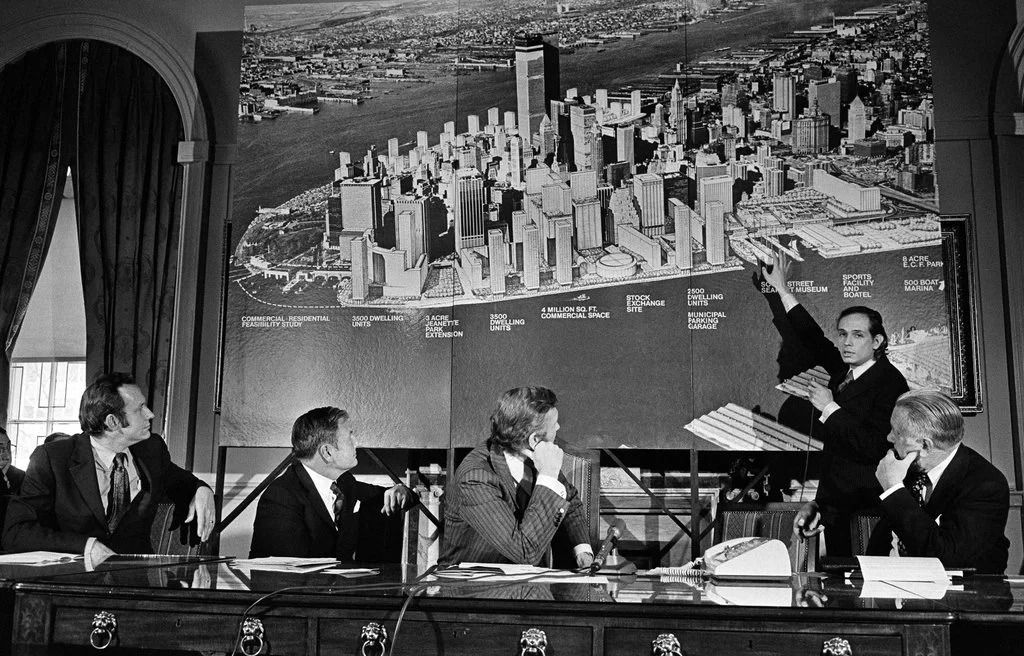 Richard Weinstein, Director of the Office of Planning and Development for Lower Manhattan within New York City’s Department of City Planning, presenting a new development project in Manhattan, 1972;
