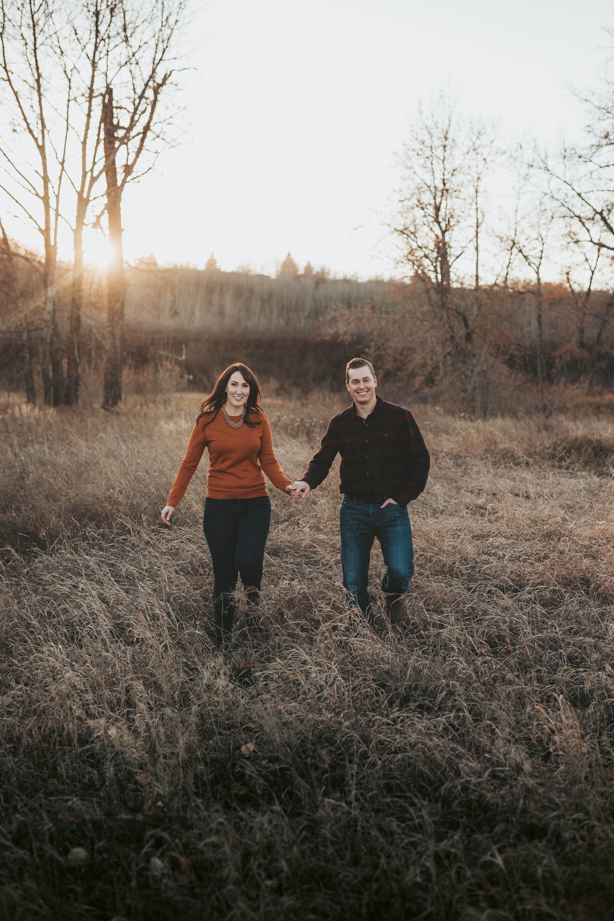 Romantic engagement portraits at golden hour in the Alberta parks