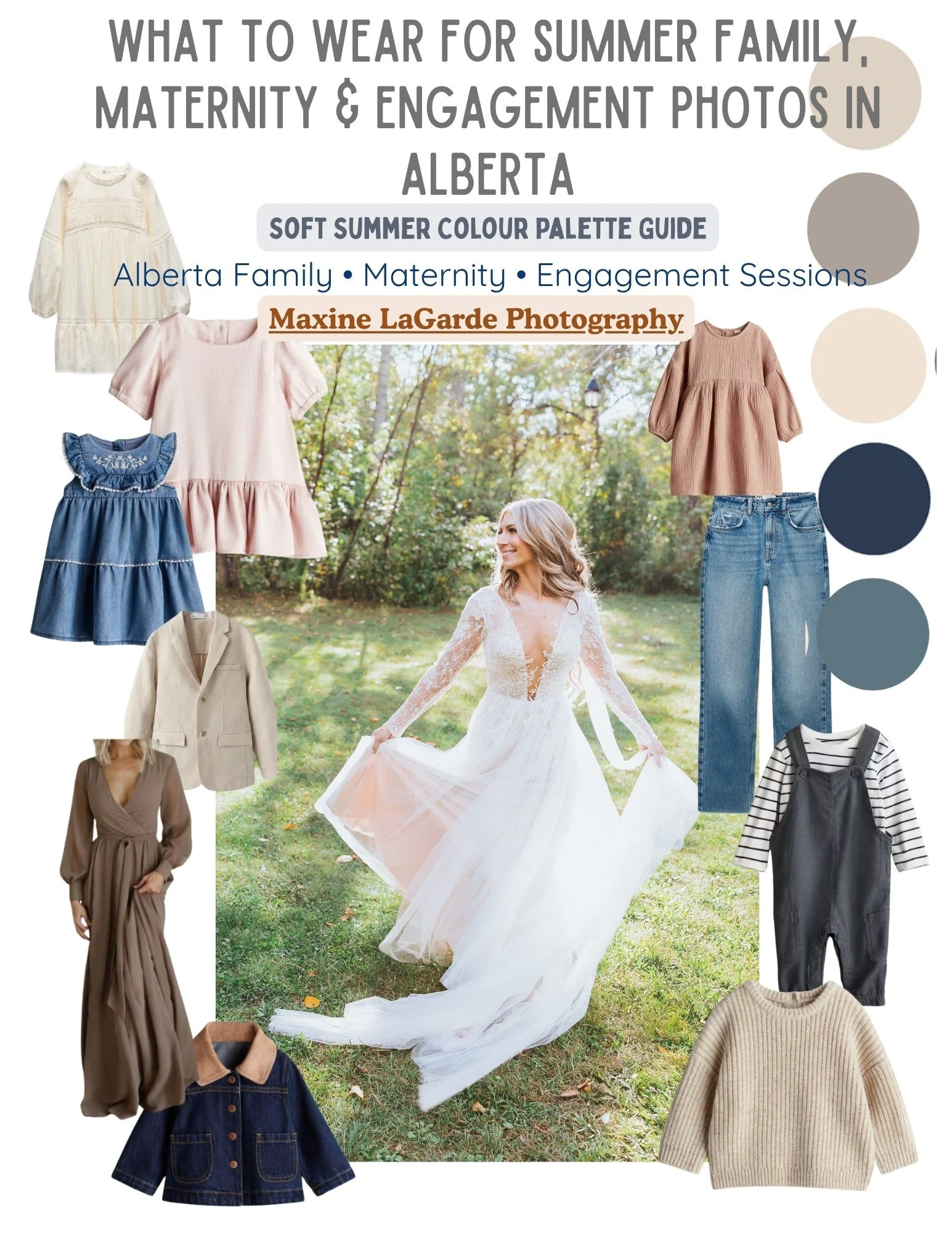 Summer style guide with outfit inspiration and colour palettes for Alberta family, maternity and engagement photos.