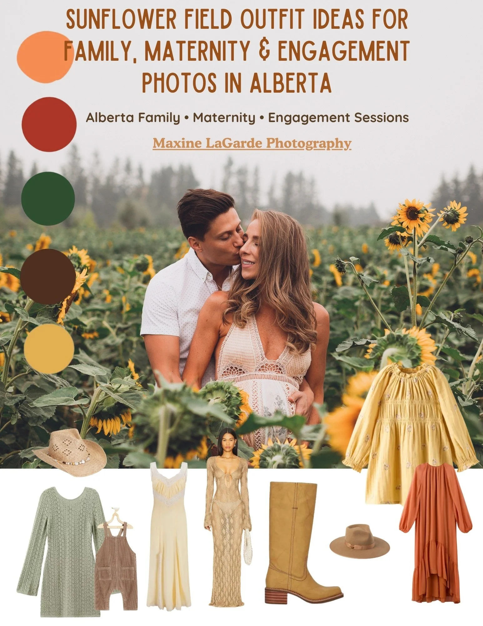 Sunflower field style guide with outfit inspiration for Alberta family, maternity and engagement photography.