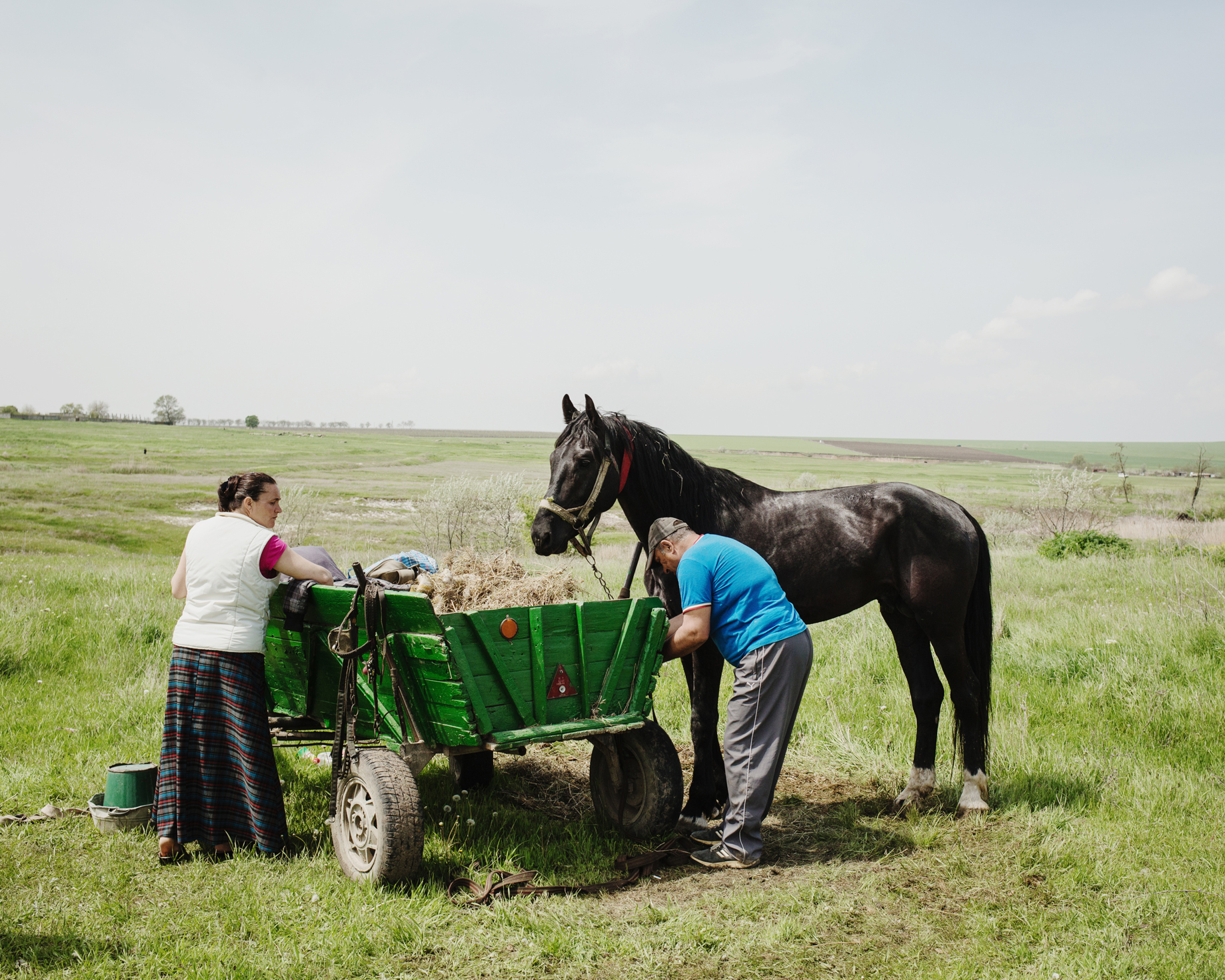  Ceadir-Lunga - During the yearly Hederlez horse races, Nicolaï, a participant, prepares his horse Lipitune before the race with his wife Irina. 