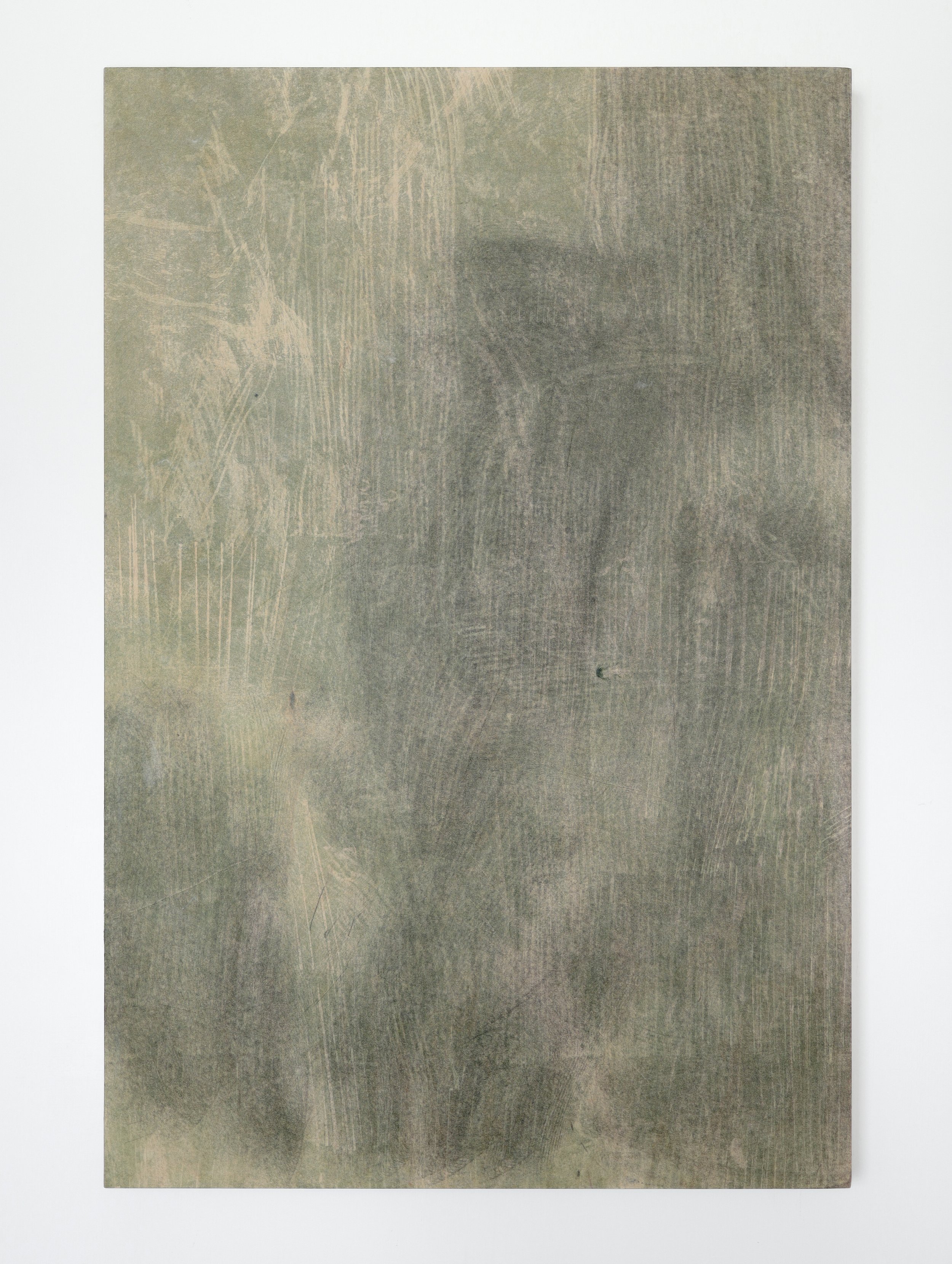 Aged evergreen ghost motif ; Japanese tissue monotypes collaged onto wood panel, 51 × 76 cm, 2025