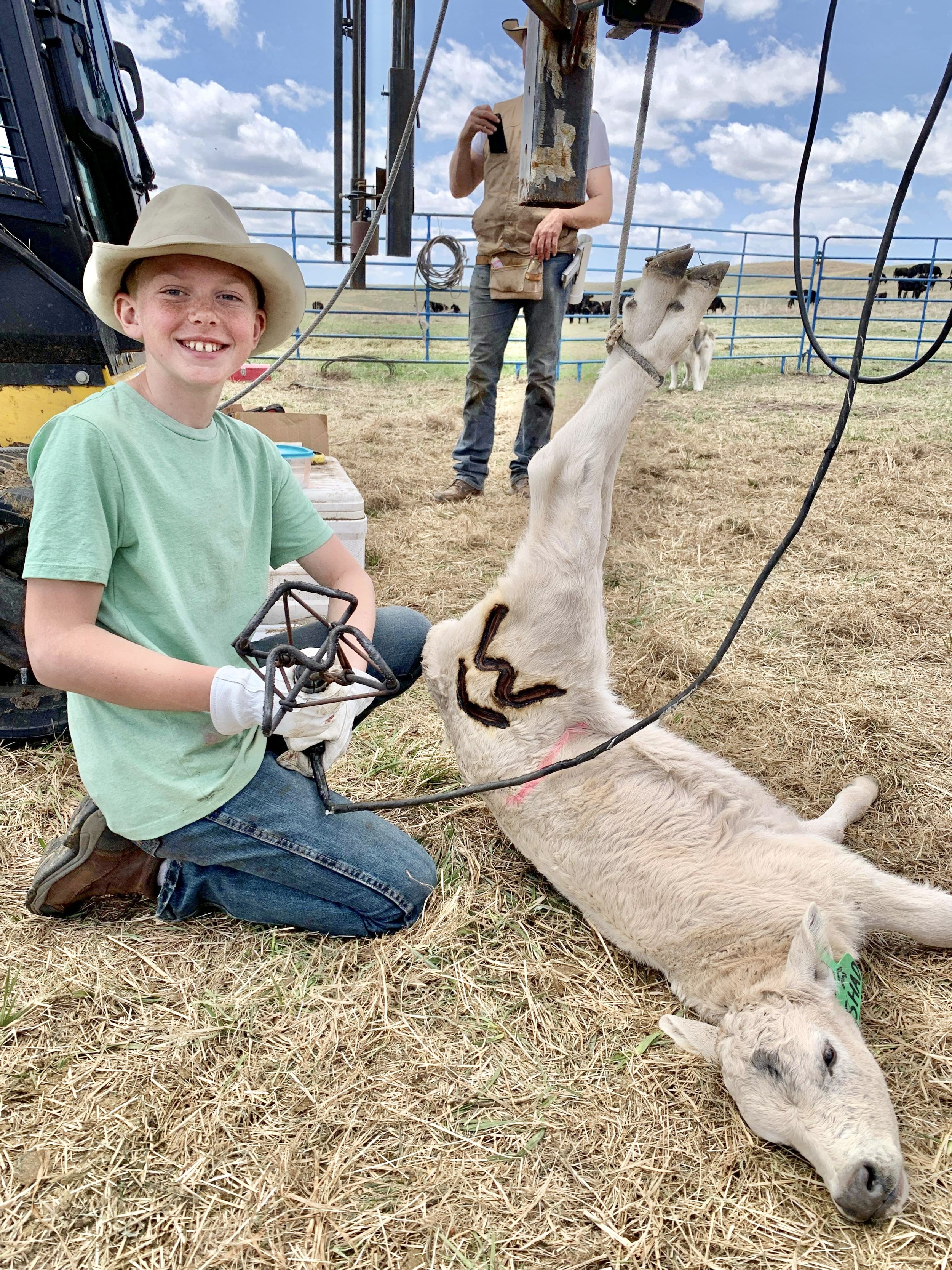  Holden was excused from homeschool early to help with the brandings. He was able to brand a JerseyX calf with his “Rafter M” brand. 