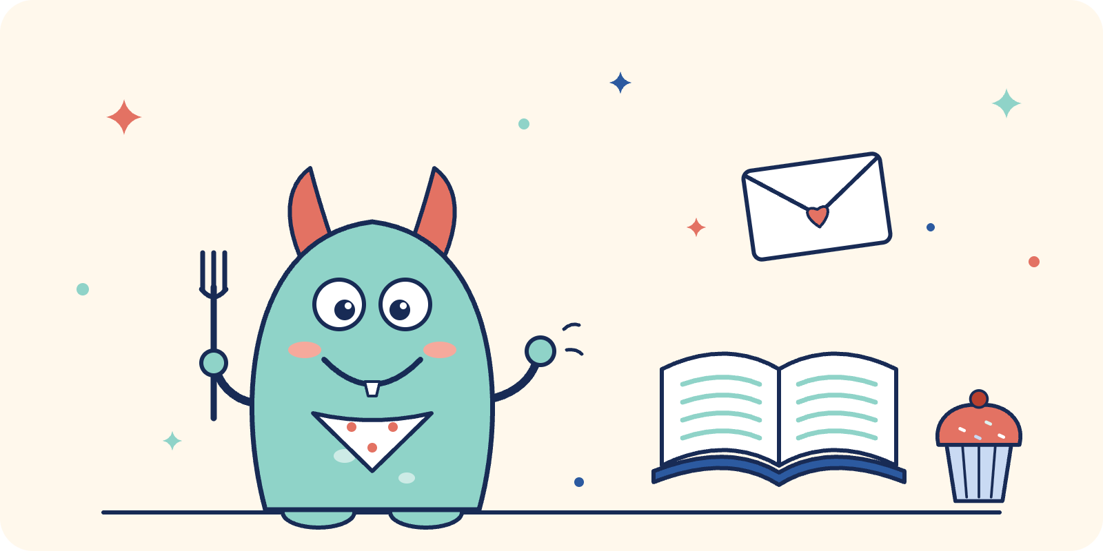 Doodle of a friendly teal monster holding a fork, next to an open book, a letter, and a cupcake.