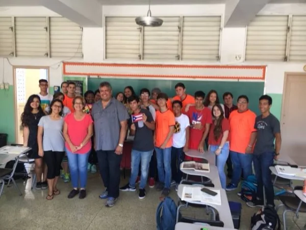 Mel after speaking to the senior class of Colegio San Conrado in October