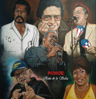 “Ponce, la Ruta de la Salsa” by Ramon E. Rivera; Top row from left to right is “Pete el Conde” Rodriguez; Hector Lavoe; and Ismael Quintana; in the center is Jose “Cheo” Feliciano; lower left is Don Quique Lucca; and lower right is Yolanda Rivera.