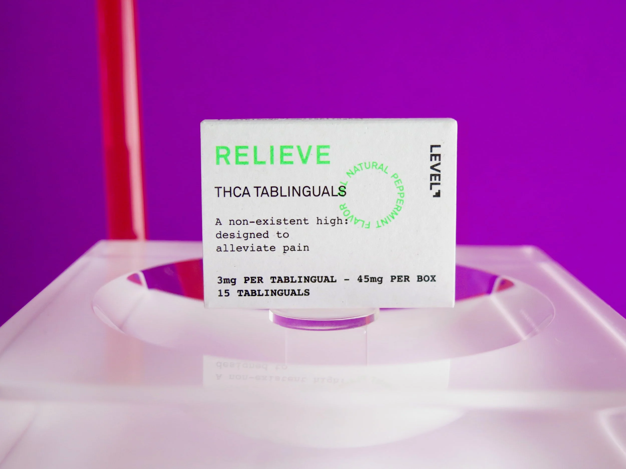 Level Relieve/THCA Tablinguals may help with pain. Photo: Marcia Gagliardi. © mymilligram. Styling: Christian Jusinski/ Surfacehaus . Props: Jay Jeffers/The Store .