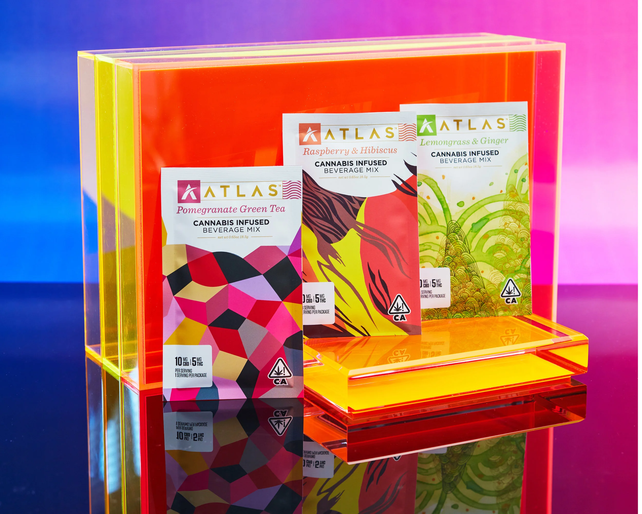 Atlas cannabis-infused beverage mix comes in three flavors. Photo: ChingImages . © mymilligram. Art direction: Marcia Gagliardi. Styling: Christian Jusinski/ Surfacehaus .
