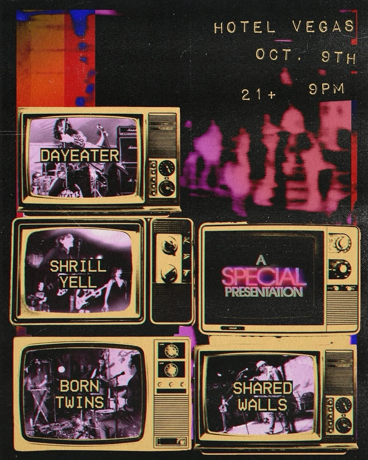 The Japanese press got the news first but now I can finally confirm @dayeaterband @yourlocal_shrill_yell @borntwinsmusic and @sharedwallsband will be blowing up the stage at @hotelvegastexas thursday Oct 9! 

Doors at 9p
21+
.
.
.
#undergroudmusic #a