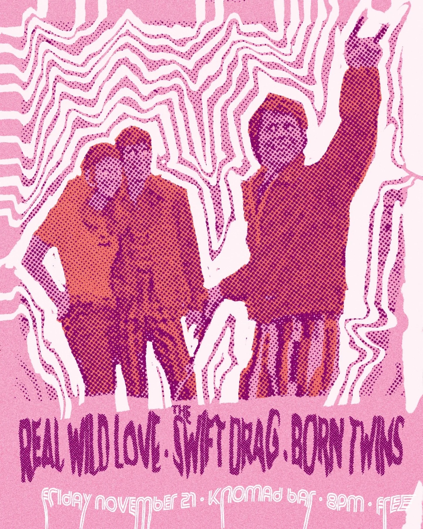 Friday! November 21st! The legendary @realwildlove will be joined by @theswiftdrag and @borntwinsmusic for a free evening of music and revelry at @nomadbar music starts at 8pm so mark your calendars, folks! We're comin in HOT!
.
.
.
#knomadbar #realw