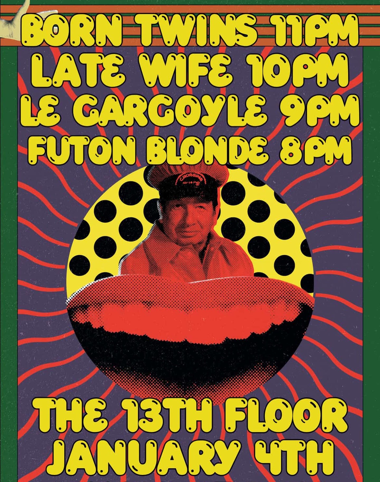 FREE WEEK show Sunday Jan 4 @the13thflooraustin doors 7, music 8pm

Rad lineup: @borntwinsmusic 11, @latewifeband 10, @legargoyleband 9, @futonblonde 8
