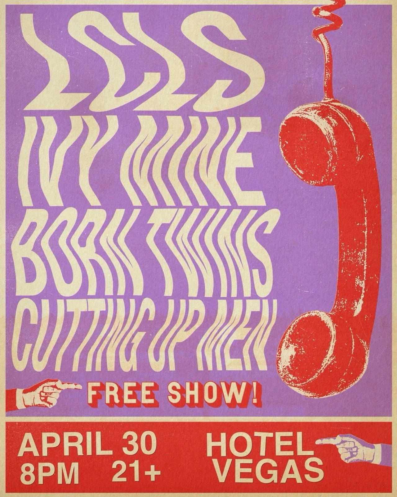 Show alert!! @lclsband @ivyminemusic @borntwinsmusic and @cutting_up_men will be cuttin a rug at your favorite hotel this side of the rockies Thursday April 30th!! 

Doors at 8 and it is a FREE SHOW, which means all the drinking none of the excuses!

