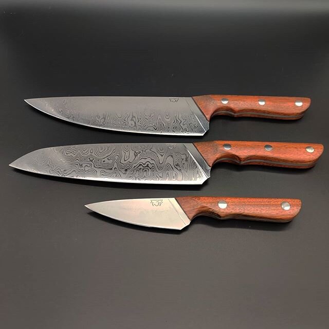 New custom set for customer.  #forging #blacksmithing #bladesmithing #bladesmith  #skilledtrade #bladesmiths #knifetrade #knifemaking #knifemakers  #damascussteel #damascus 
#kitchenknives #knifelovers  #chefknife #chefknives #cheflife #kitchenknife