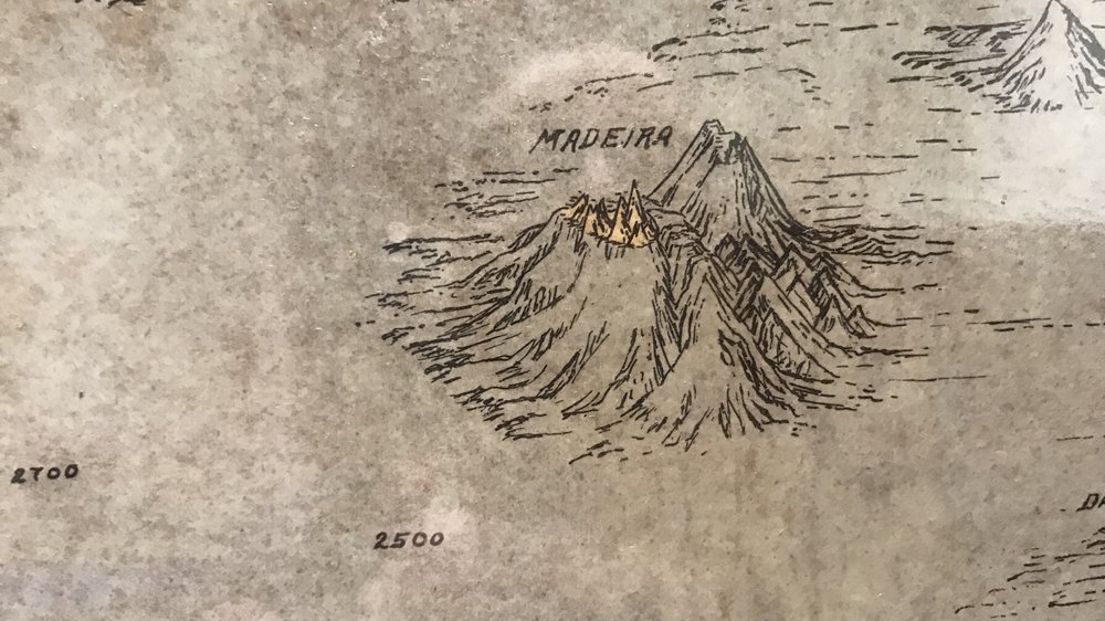 Detail from Map of Atlantic Ocean, Natural History Museum, Funchal. Showing why Madeira, with it's super steep slopes to the open sea is the ideal land base for a marine research centre