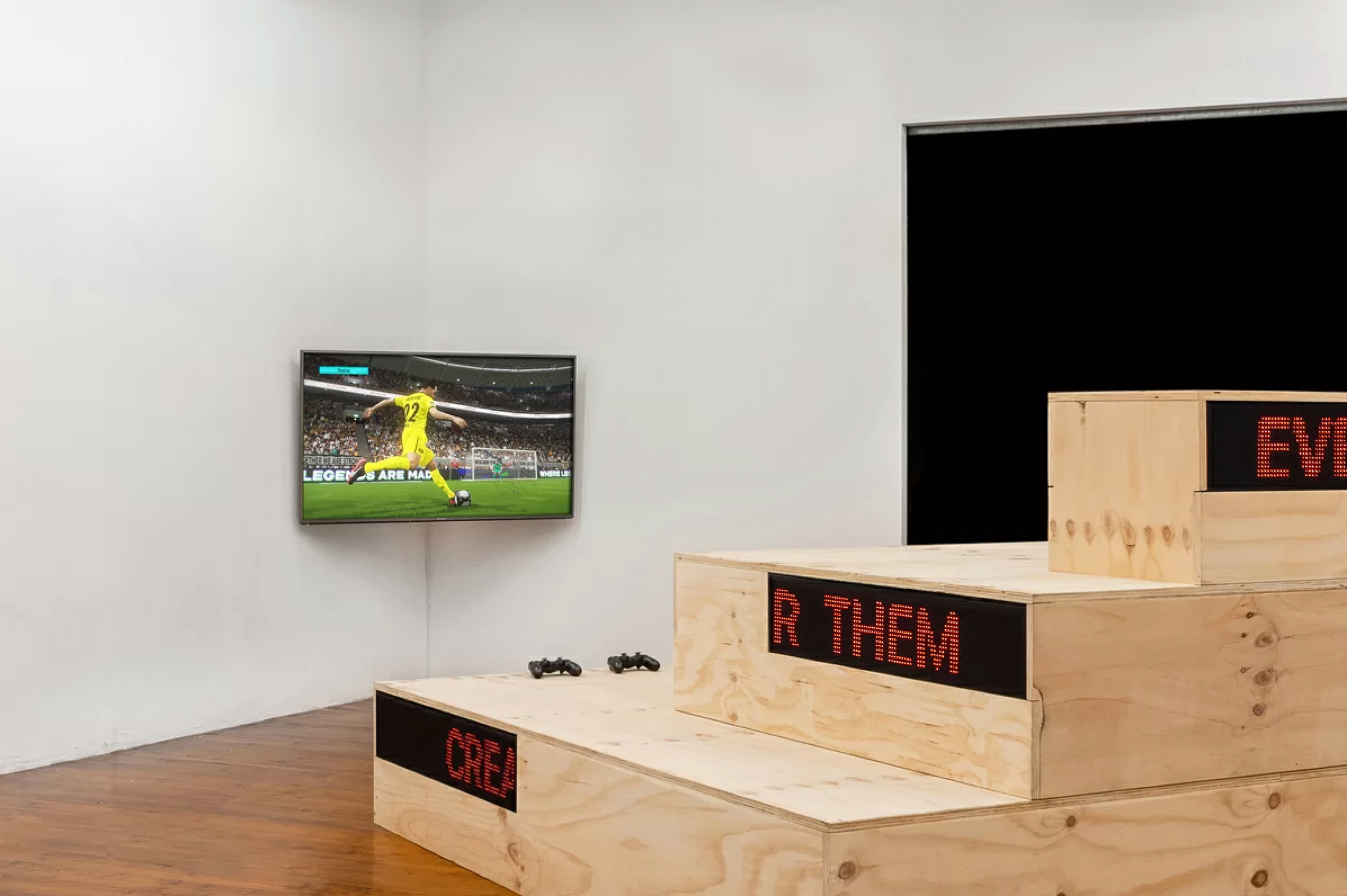  The Cool Couple,  Emozioni Mondiali , interactive installation, monitor, joypads, acrylic paintings, wood, LED, 2018-ongoing, Italy, installation view Mambo, Bologna 