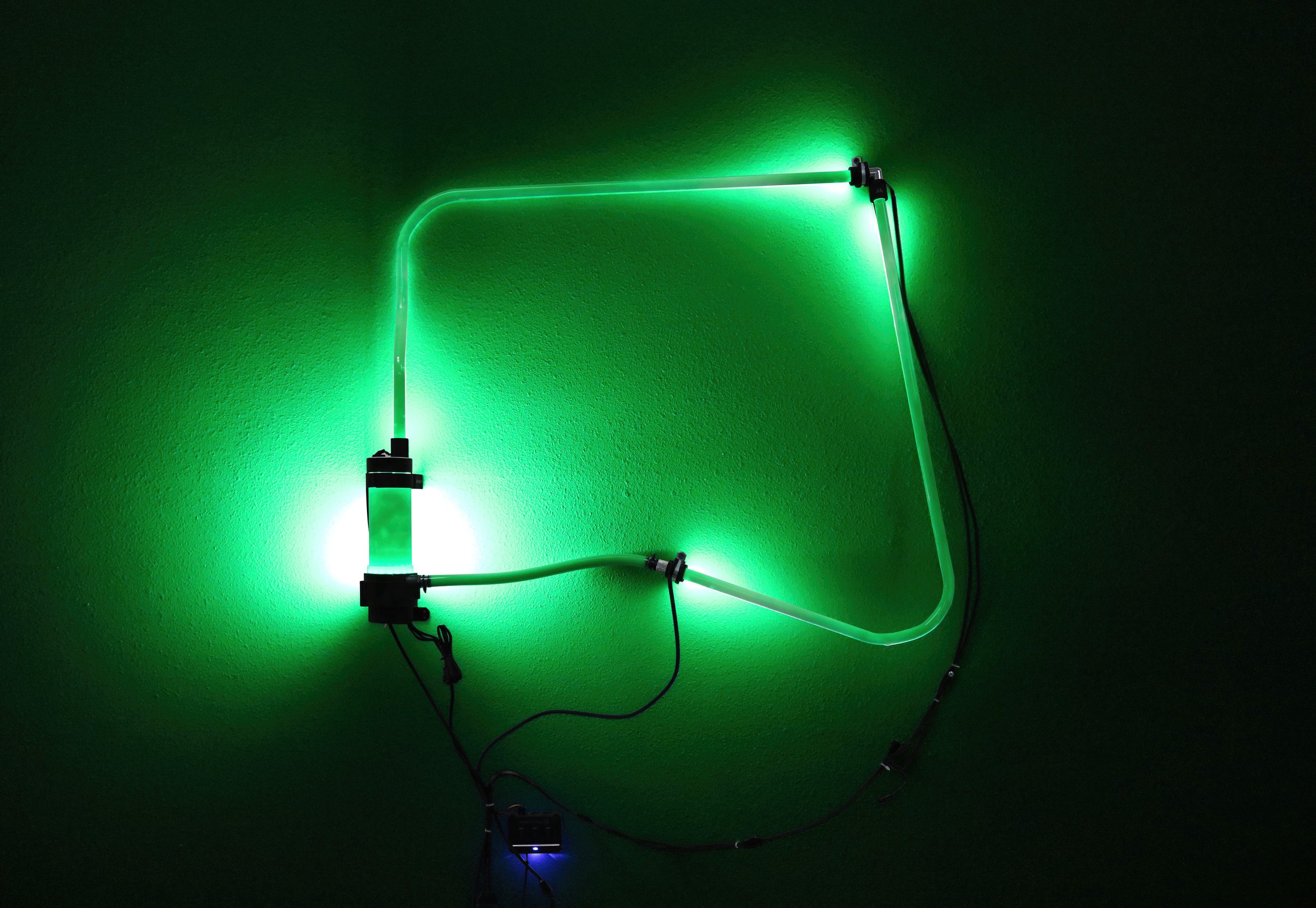  Filip Kostic,  Closed Loop (Green),  Heat-bent PETG tubing, LED compression fittings, pump and reservoir, computer power supply, 2017 