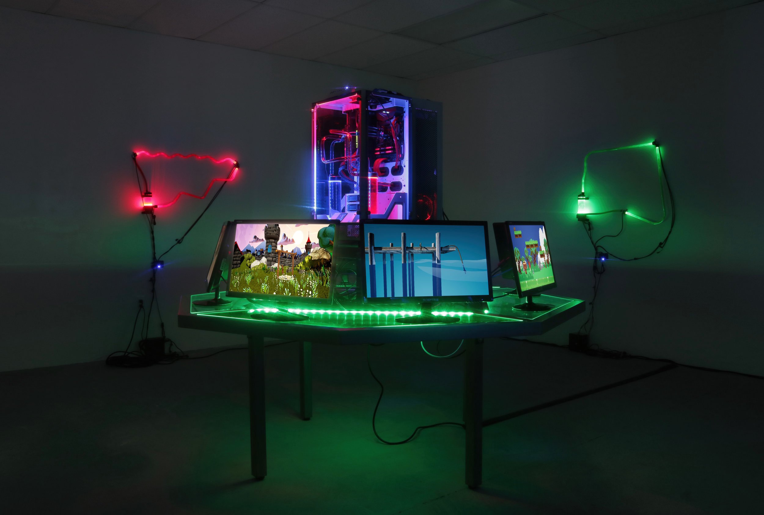  Filip Kostic,  Open Loop,  real-time AI simulation, 8 monitors, custom built computer, custom GPU &amp; CPU cooling loops, steel and acrylic, 2017 