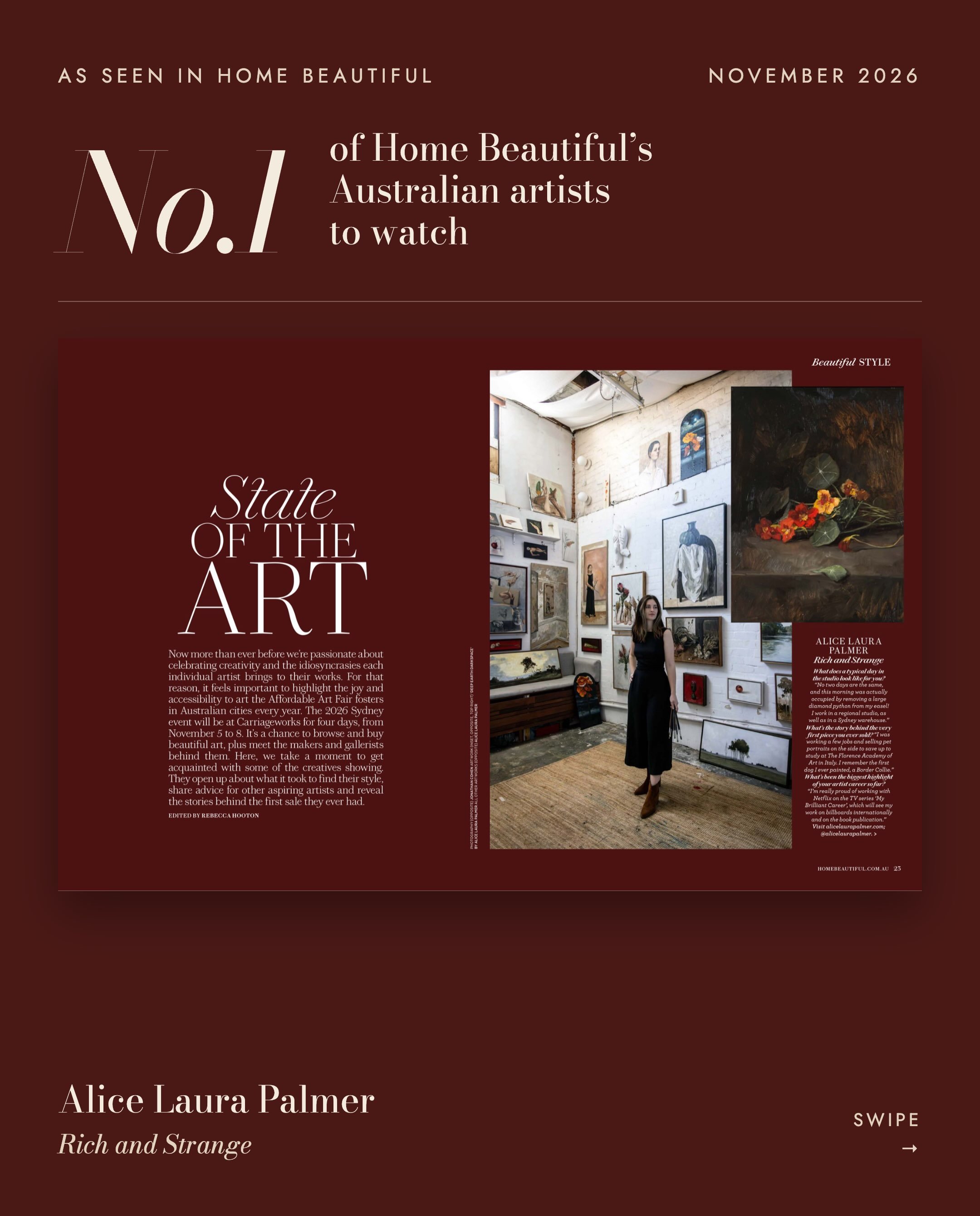 A very lovely surprise to find myself at the top of the list, and I&rsquo;m particularly grateful for the no. 1 billing! Wowsers trousers, thank you @homebeautiful for including me in your selection of Australia&rsquo;s top 53 artists!

I love the wo