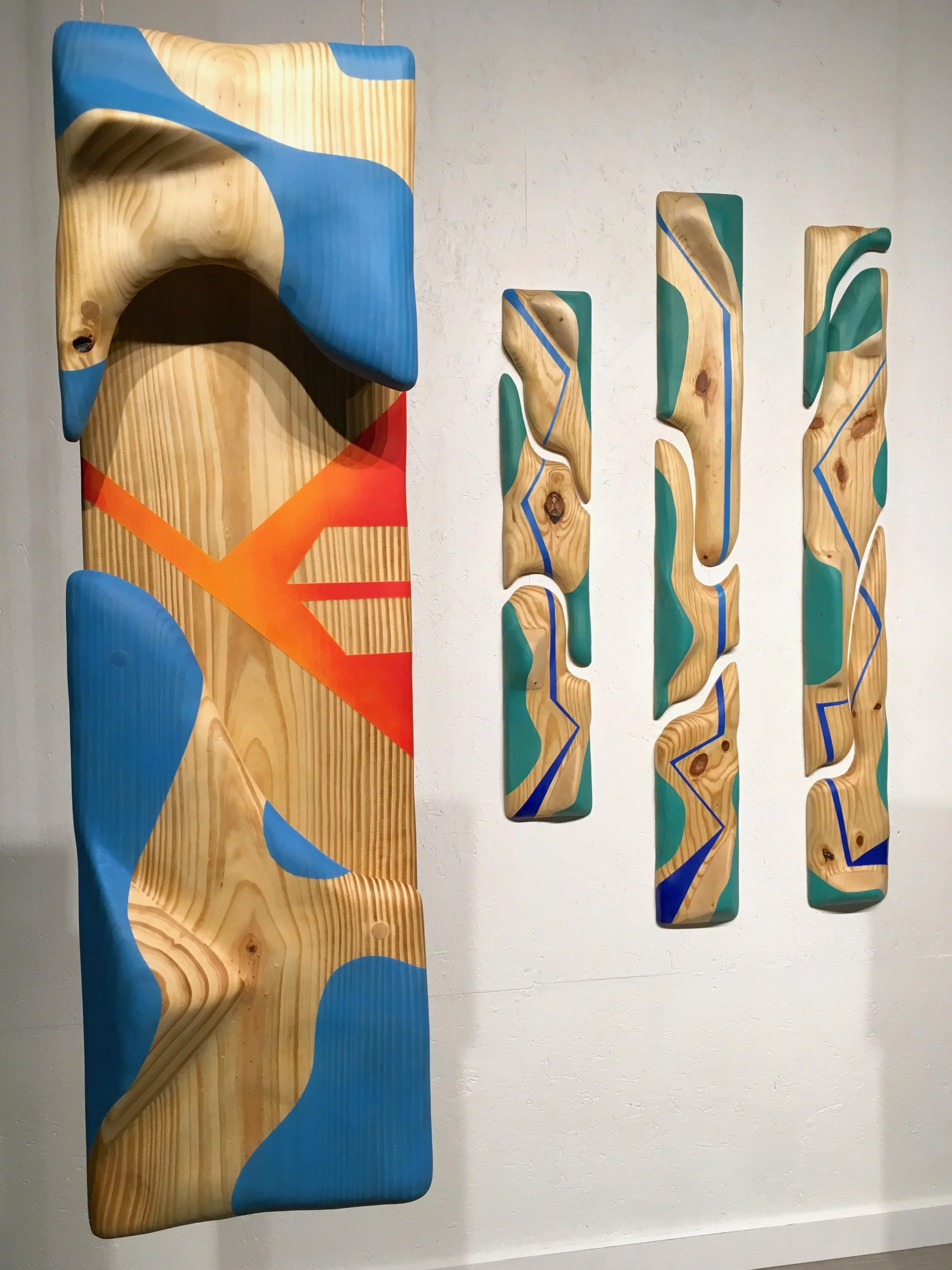 Sunset: Part 1 (on left), Pine and spray paint, 12” x 37,” 2017.