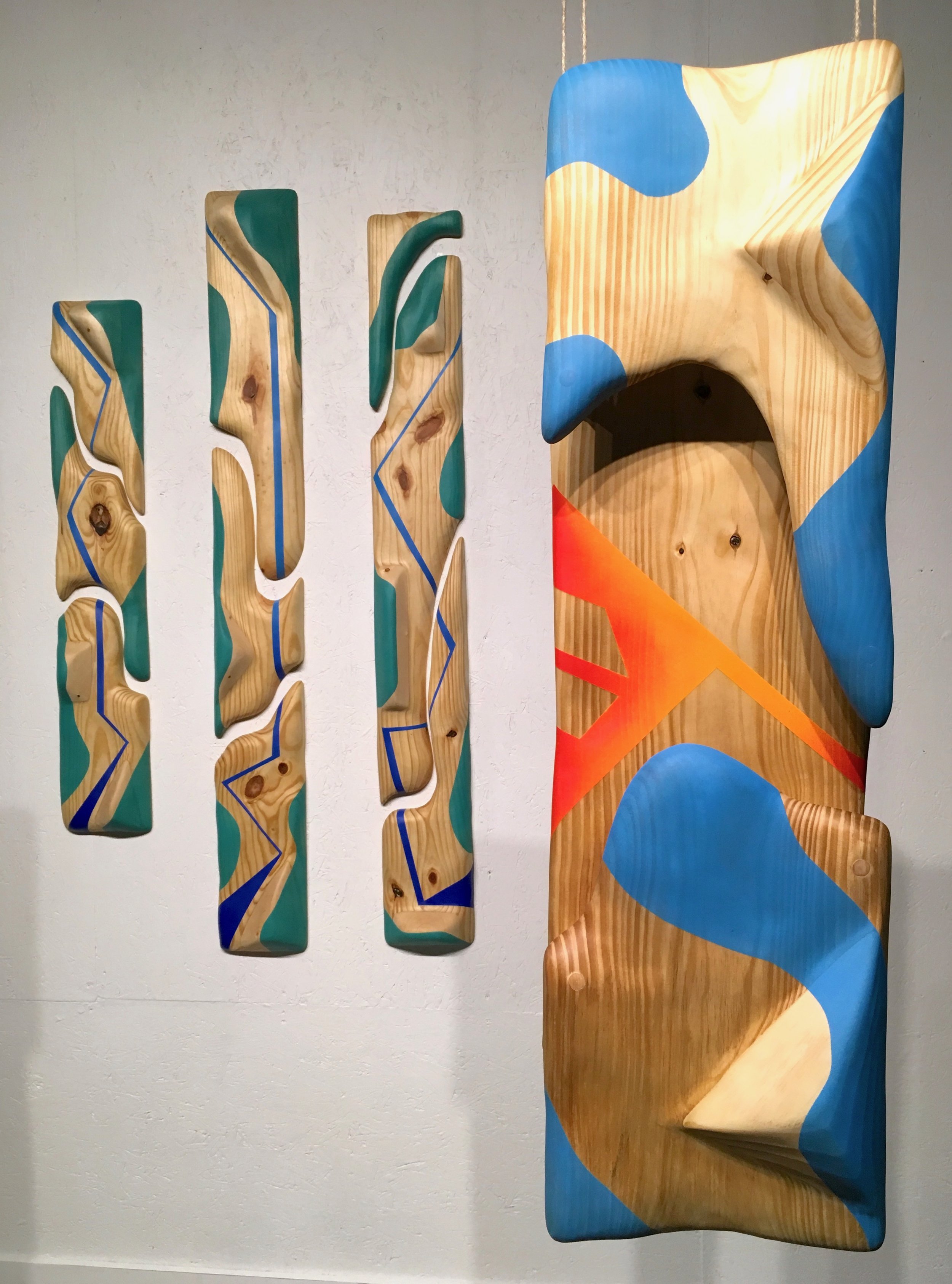 Sunset: Part 2 (on right), Pine and spray paint, 12” x 37,” 2017.