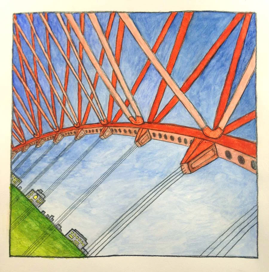 Bridge , Graphite and watercolor on paper 8" x 8," 2016.