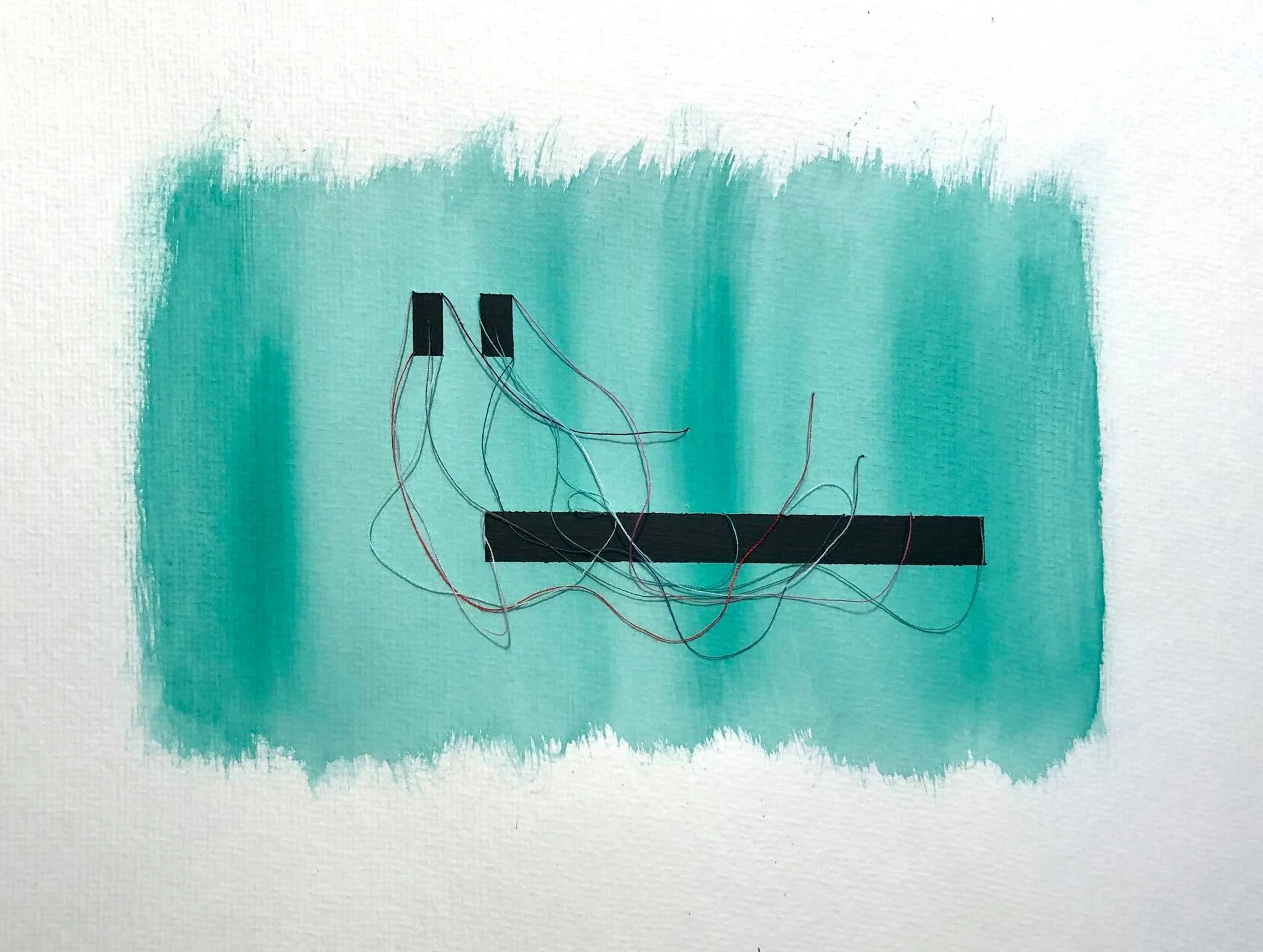 Currents 2 , From the Making Connections series, Watercolor, acrylic, and thread on paper, 15.75x11.75,” 2018.